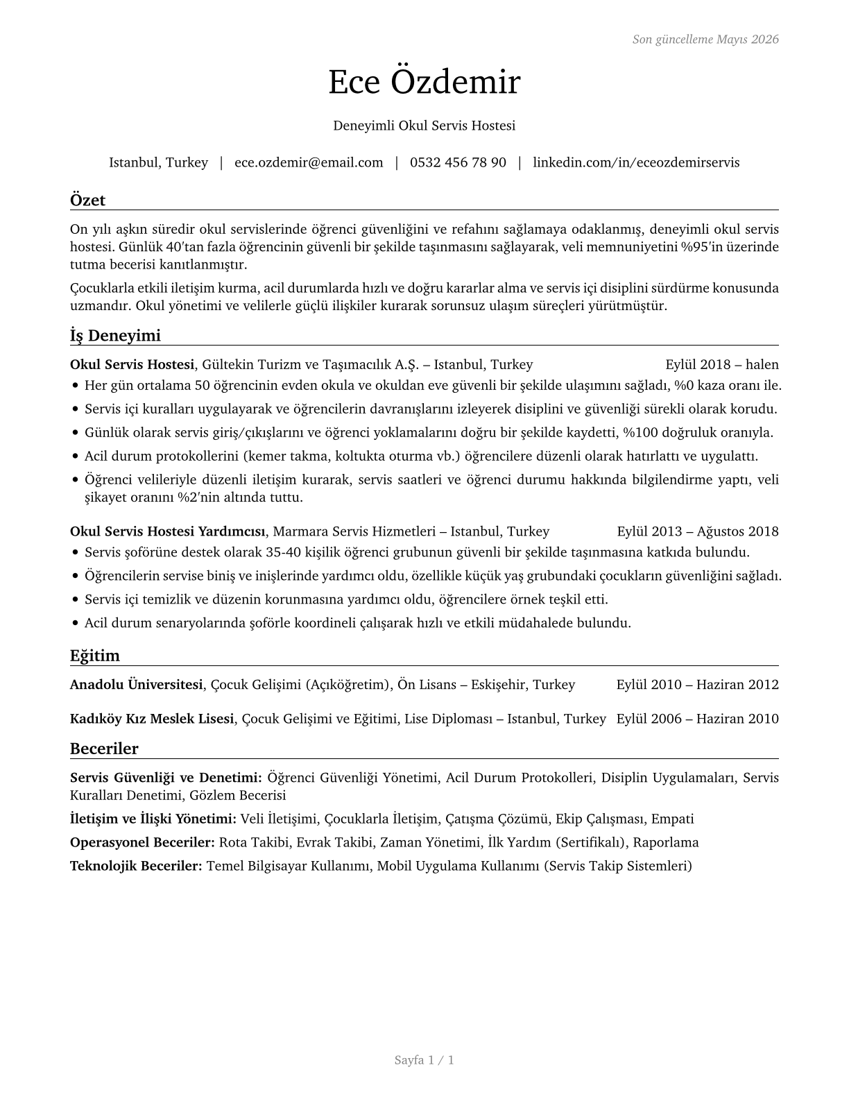 School Bus Monitors CV in Turkish — page 1