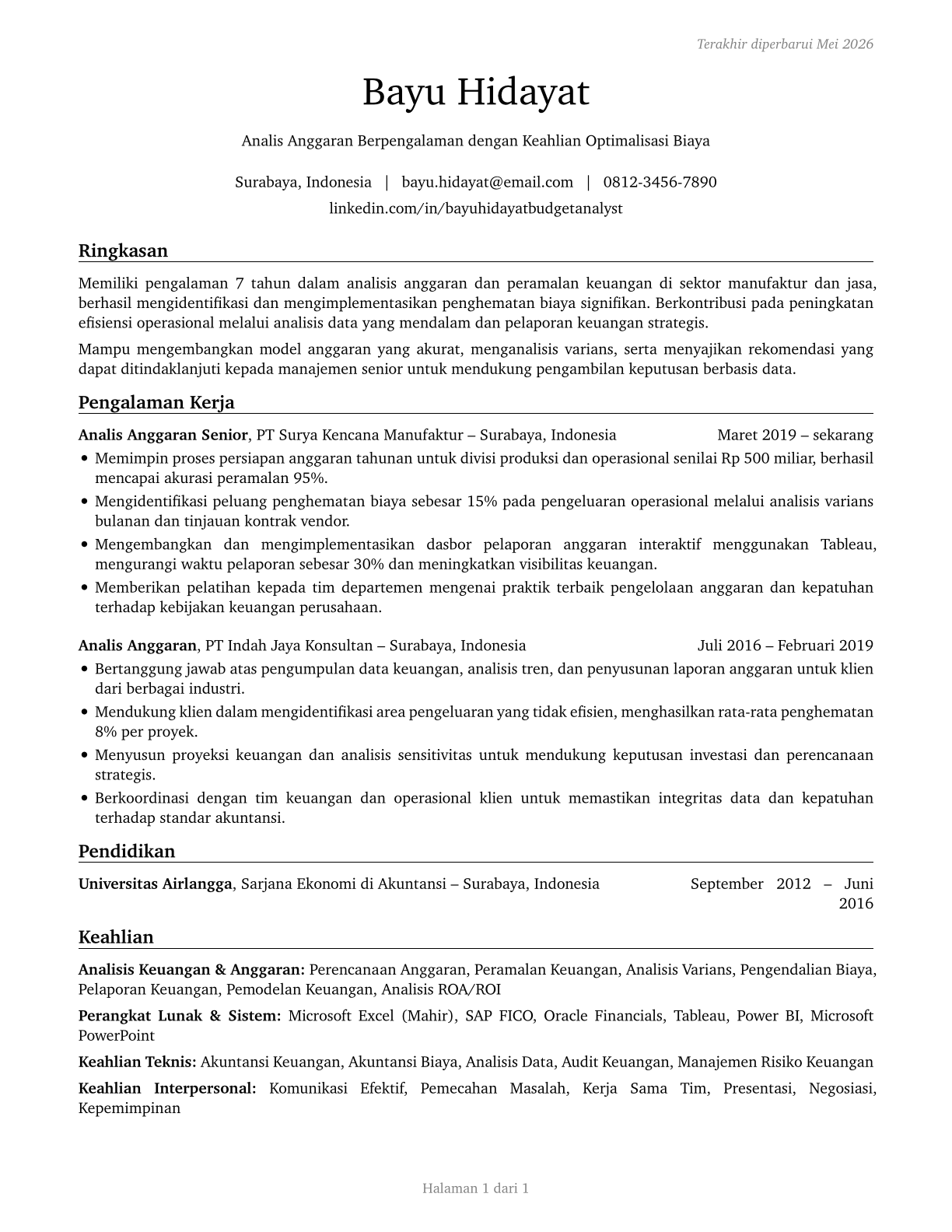 Budget Analysts CV in Indonesian — page 1