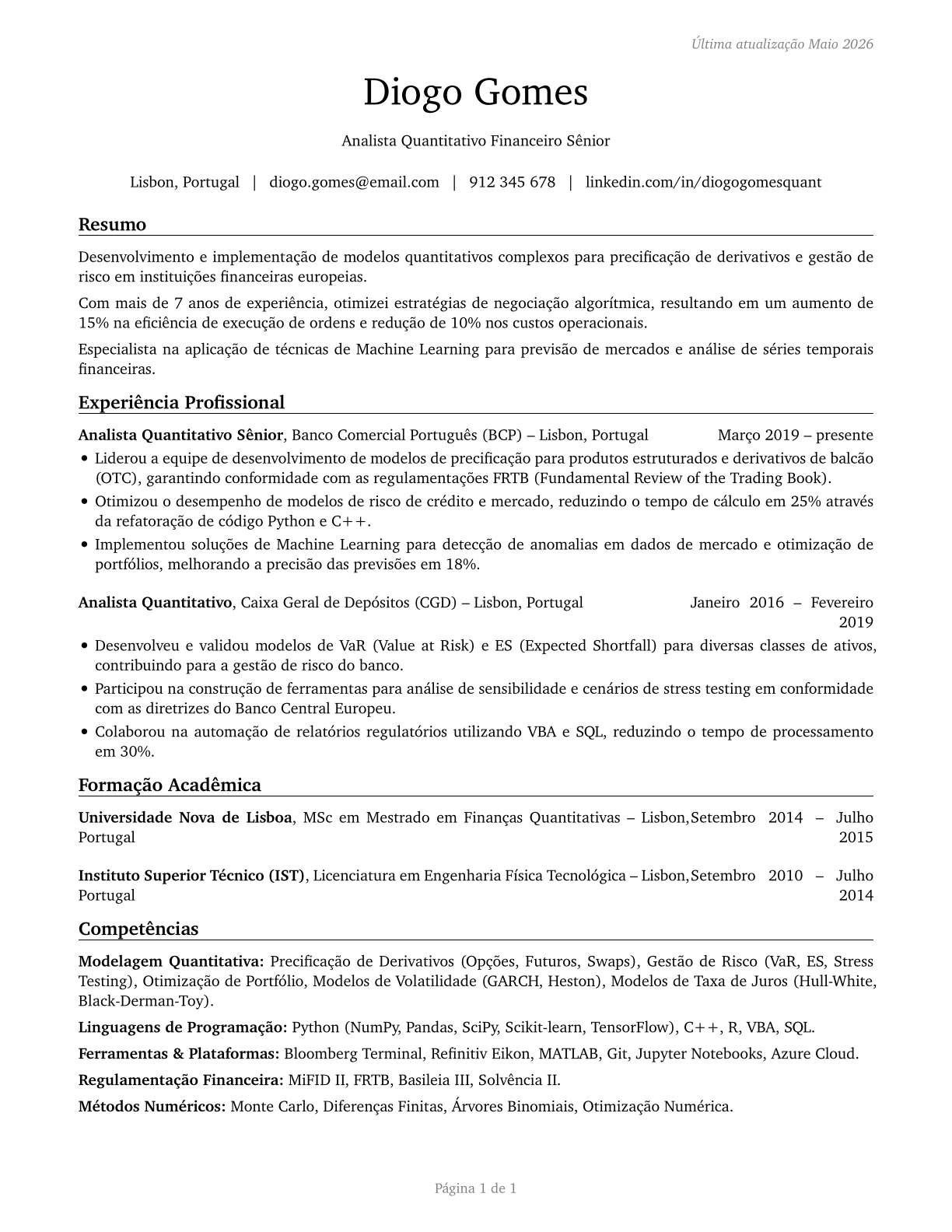 Financial Quantitative Analysts CV in Portuguese — page 1