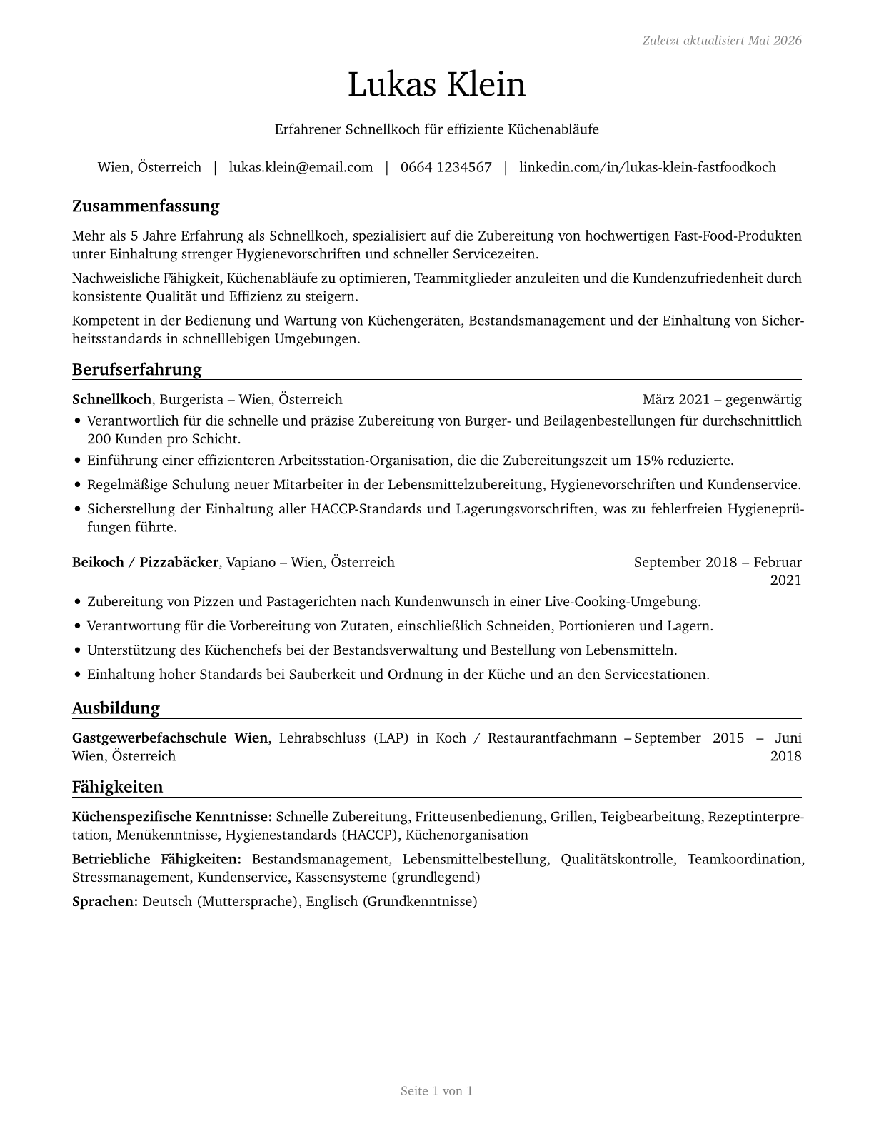 Cooks, Fast Food CV in German — page 1