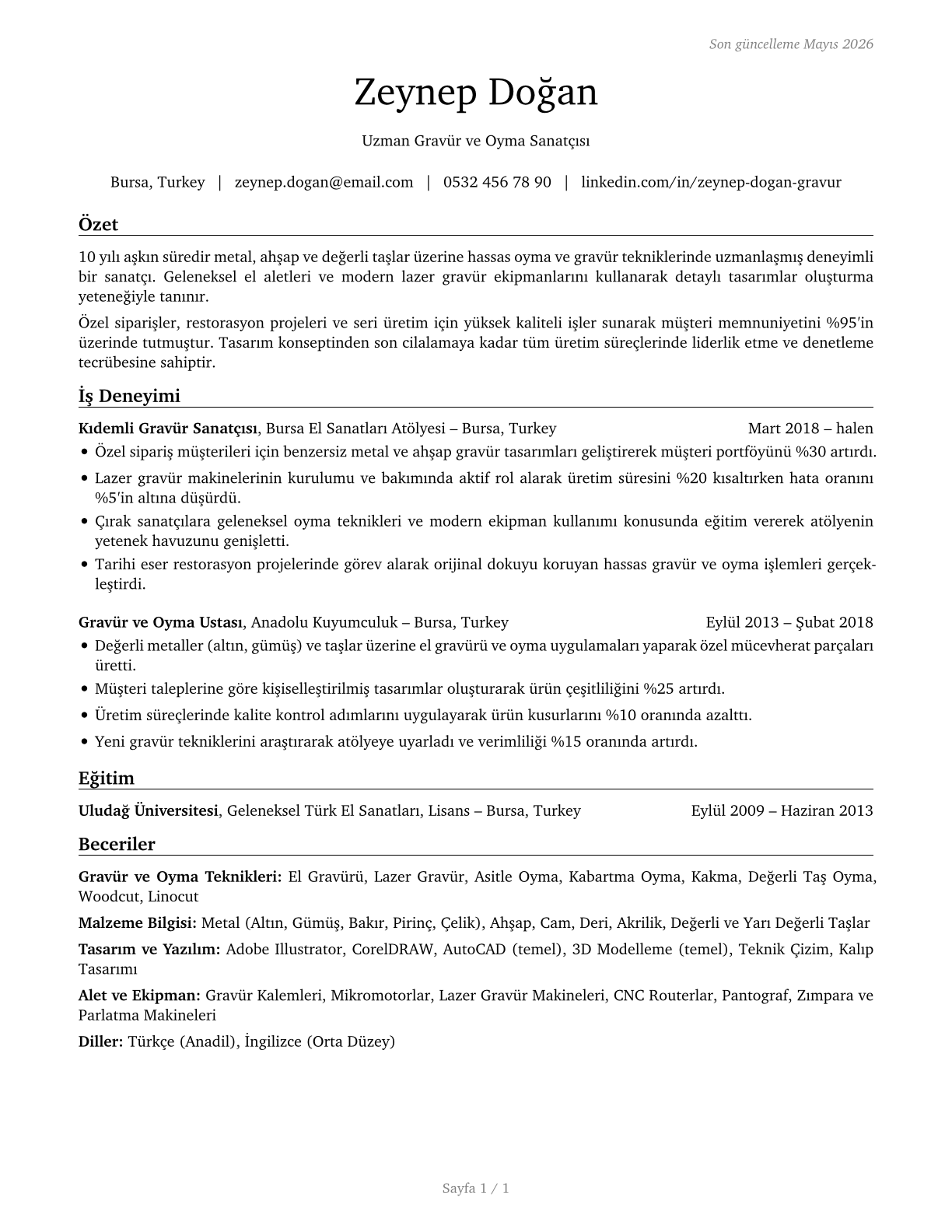 Etchers and Engravers CV in Turkish — page 1