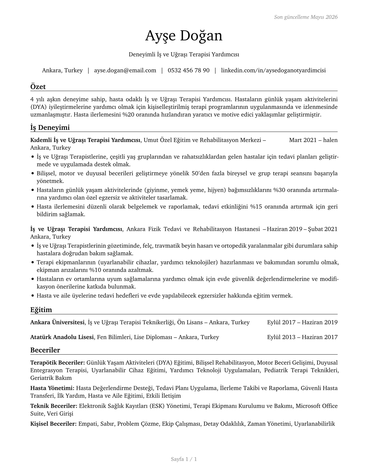 Occupational Therapy Aides CV in Turkish — page 1