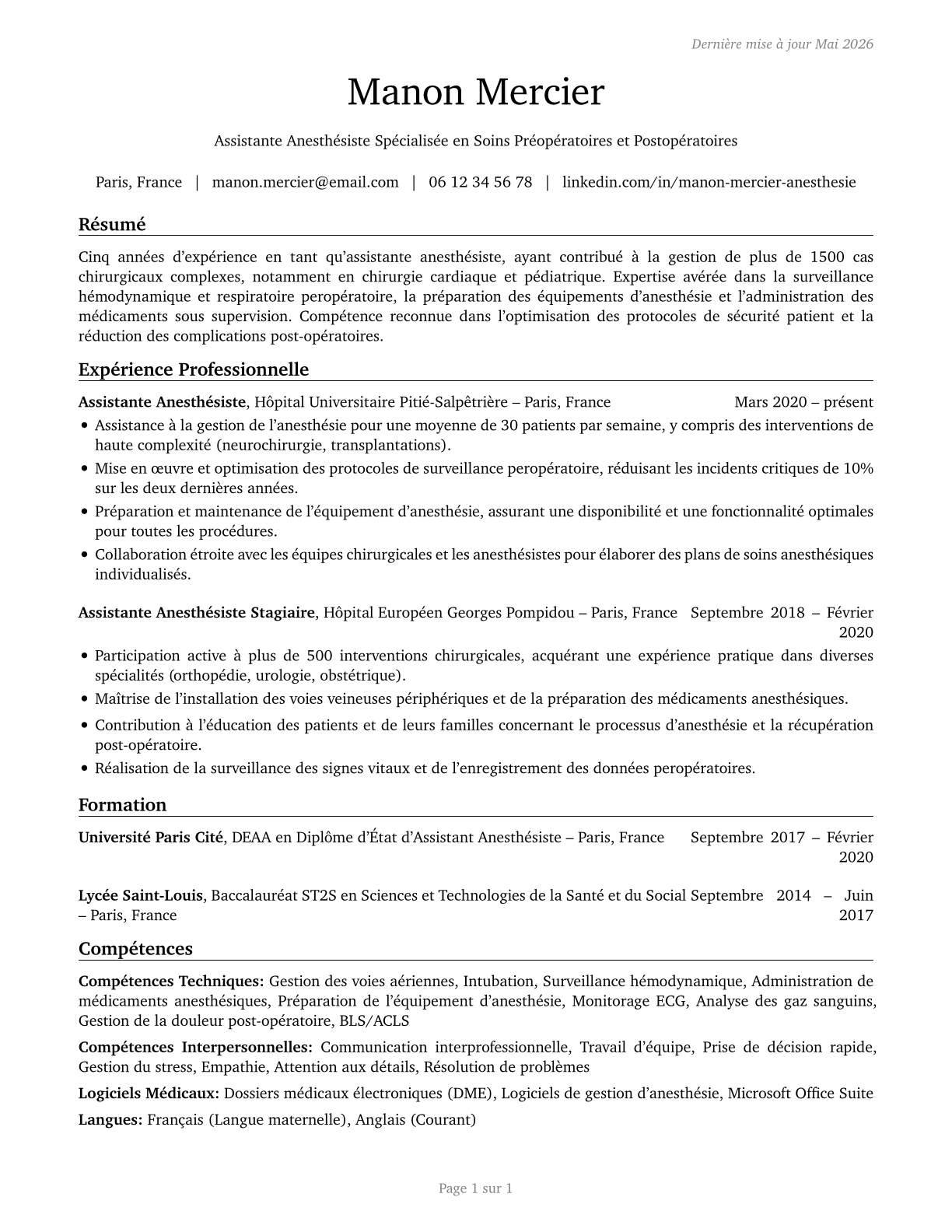 Anesthesiologist Assistants CV in French — page 1