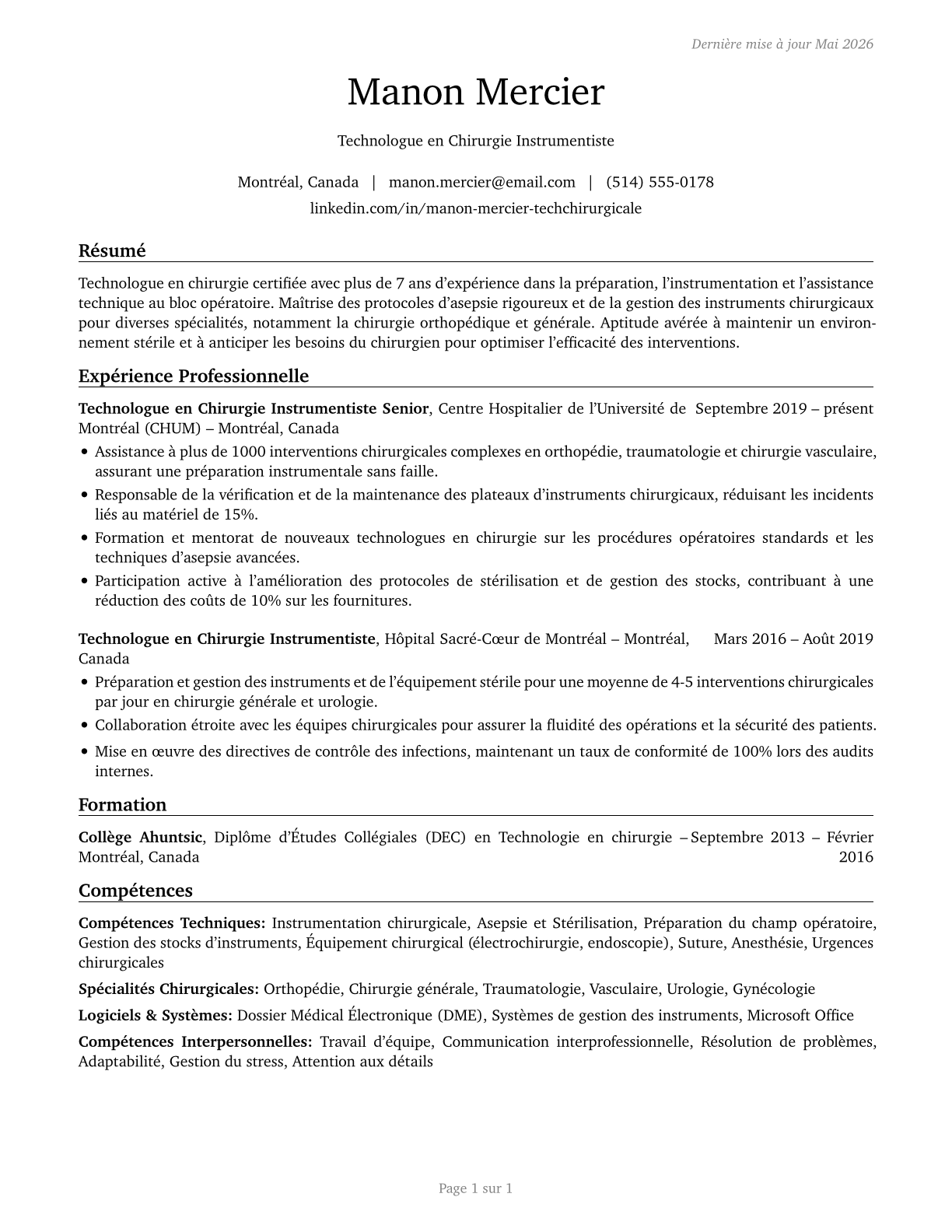 Surgical Technologists CV in French — page 1