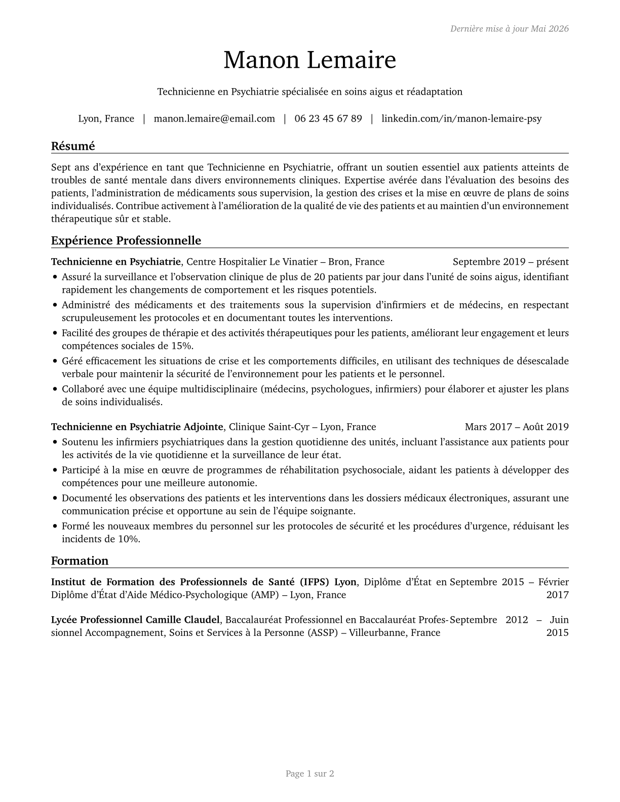 Psychiatric Technicians CV in French — page 1