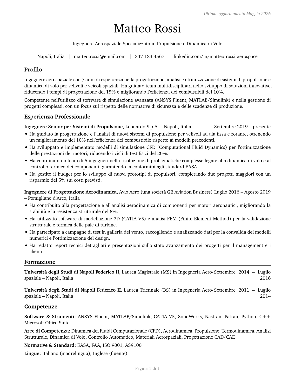 Aerospace Engineers CV in Italian — page 1