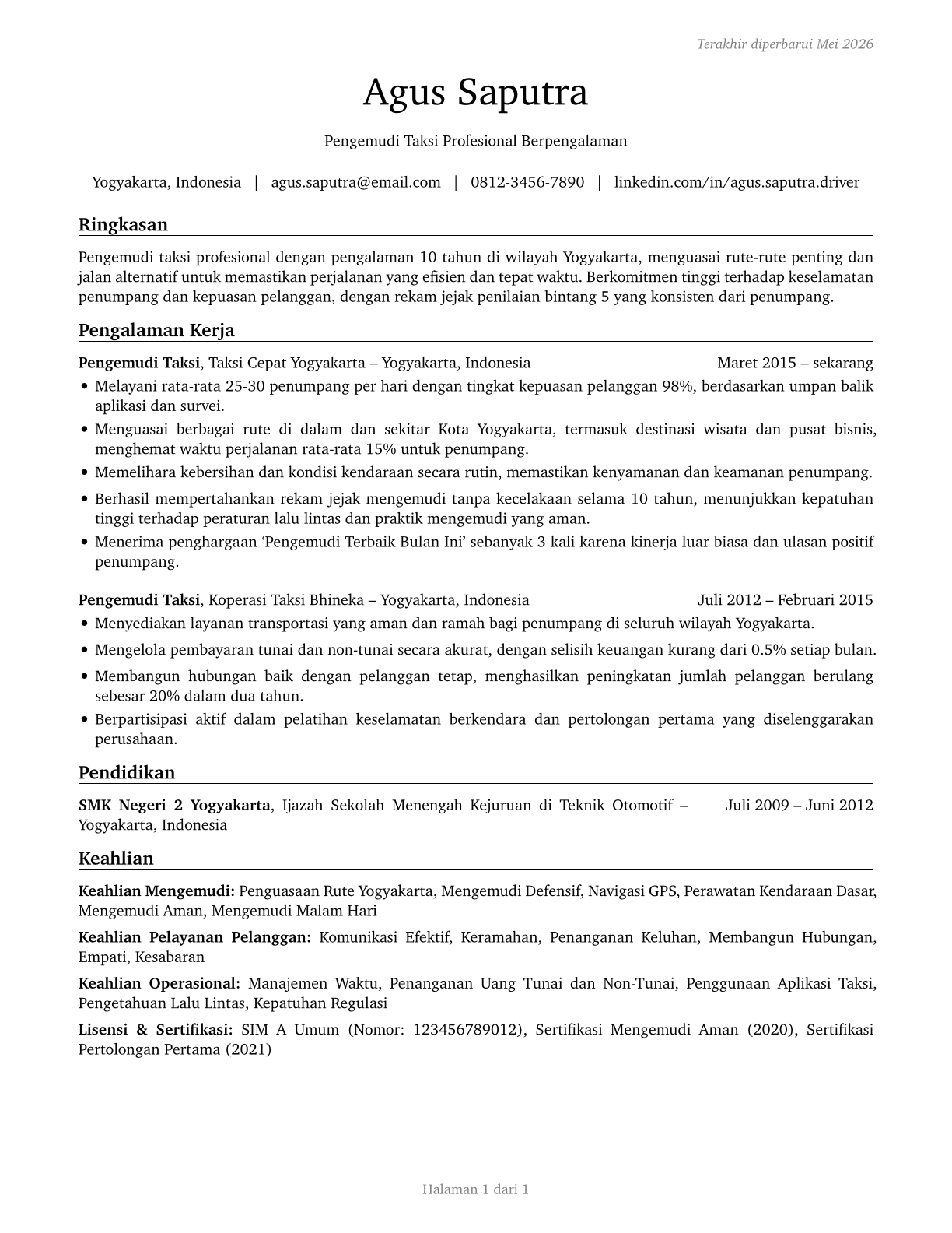 Taxi Drivers CV in Indonesian — page 1