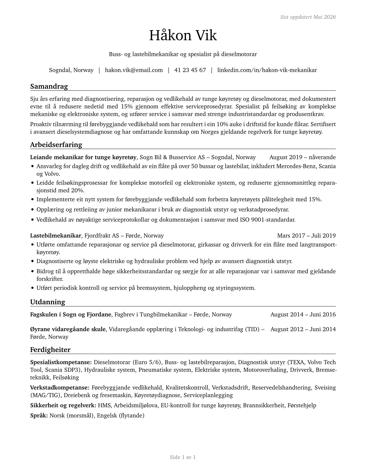 Bus and Truck Mechanics and Diesel Engine Specialists CV in Norwegian_nynorsk — page 1