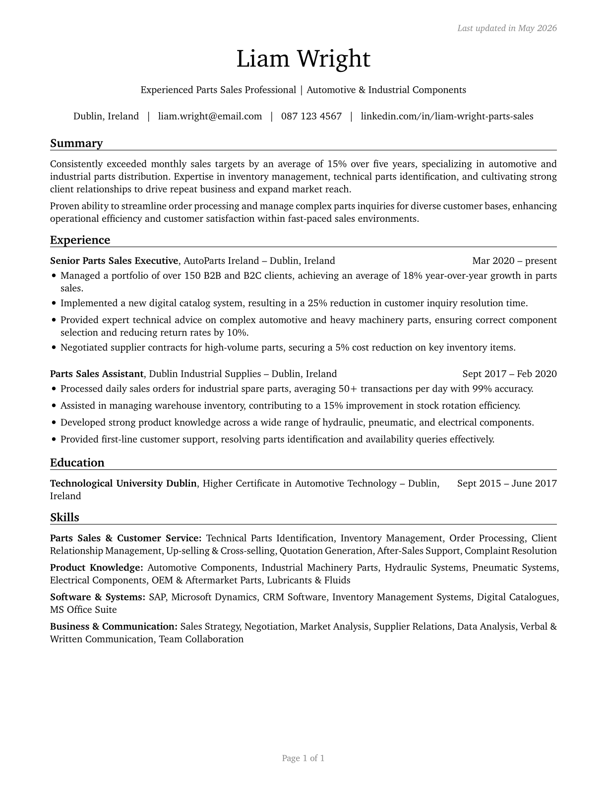 Parts Salespersons CV in English — page 1