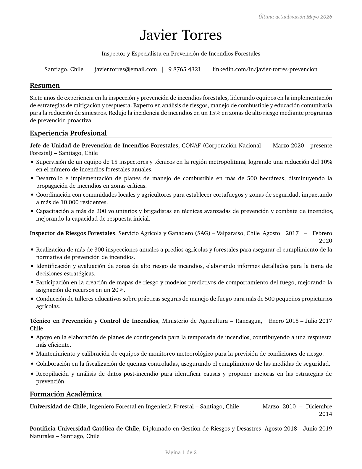 Forest Fire Inspectors and Prevention Specialists CV in Spanish — page 1