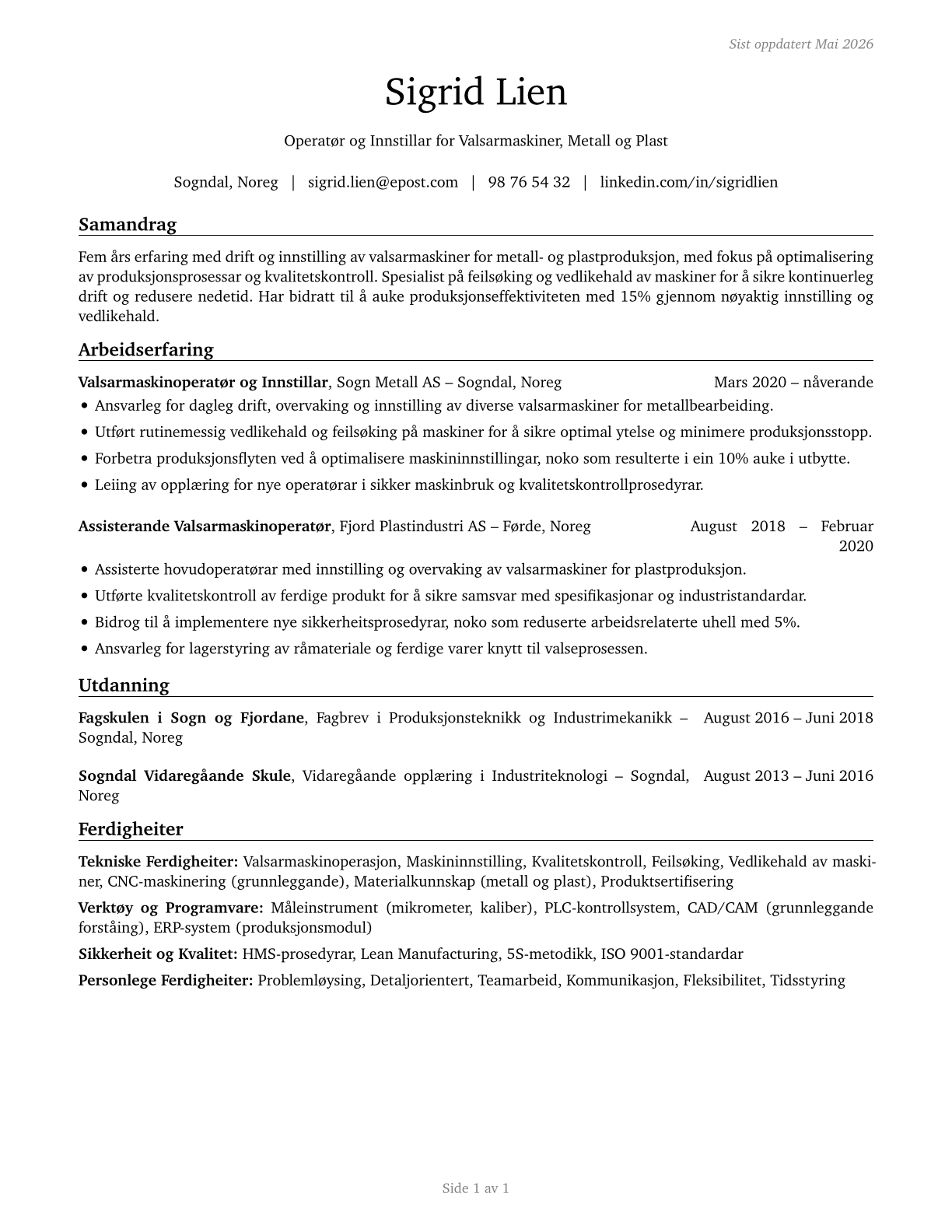 Rolling Machine Setters, Operators, and Tenders, Metal and Plastic CV in Norwegian_nynorsk — page 1
