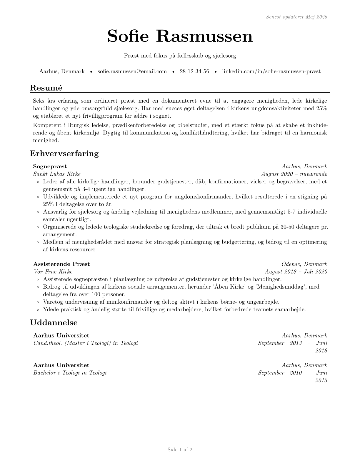 Clergy CV in Danish — page 1