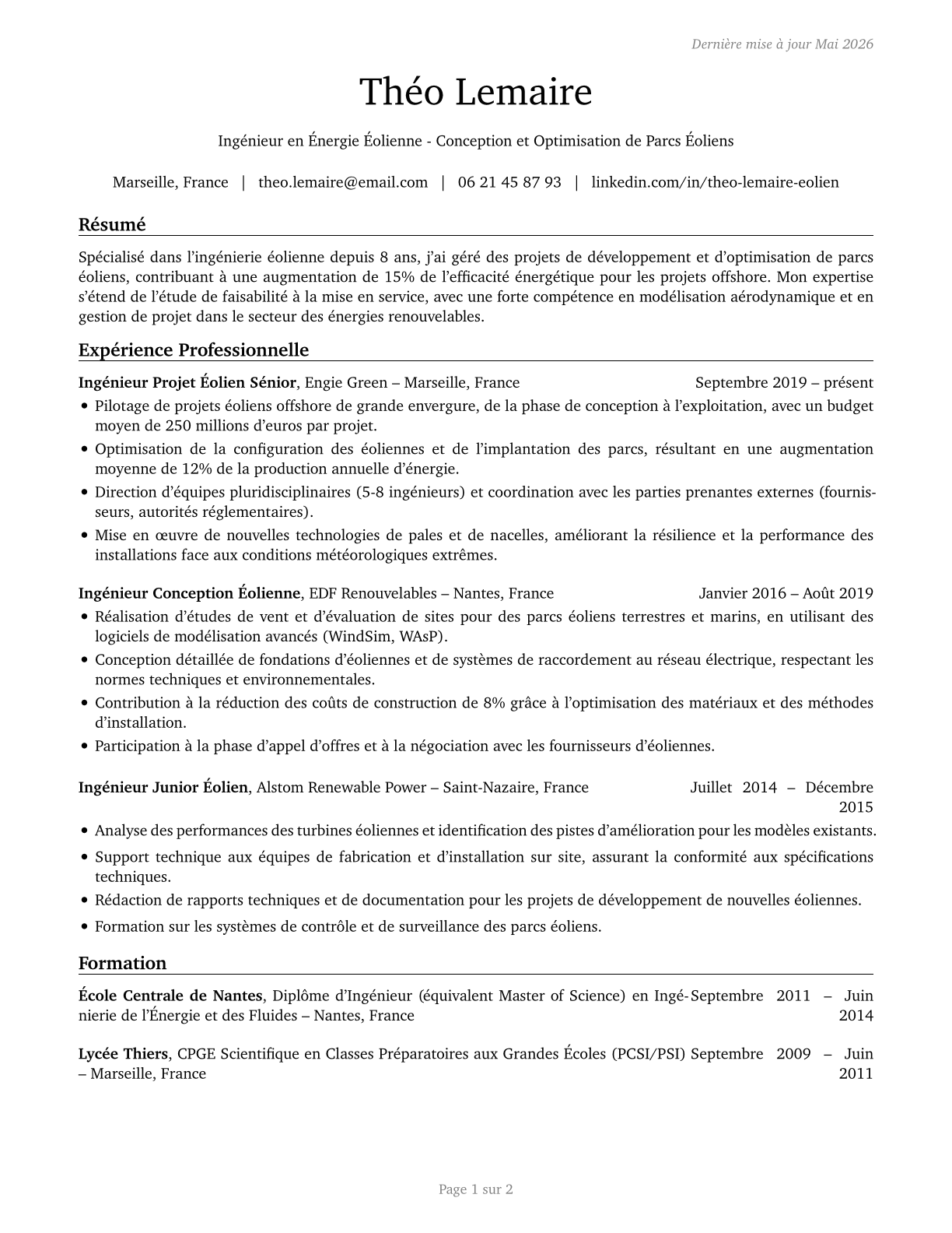Wind Energy Engineers CV in French — page 1