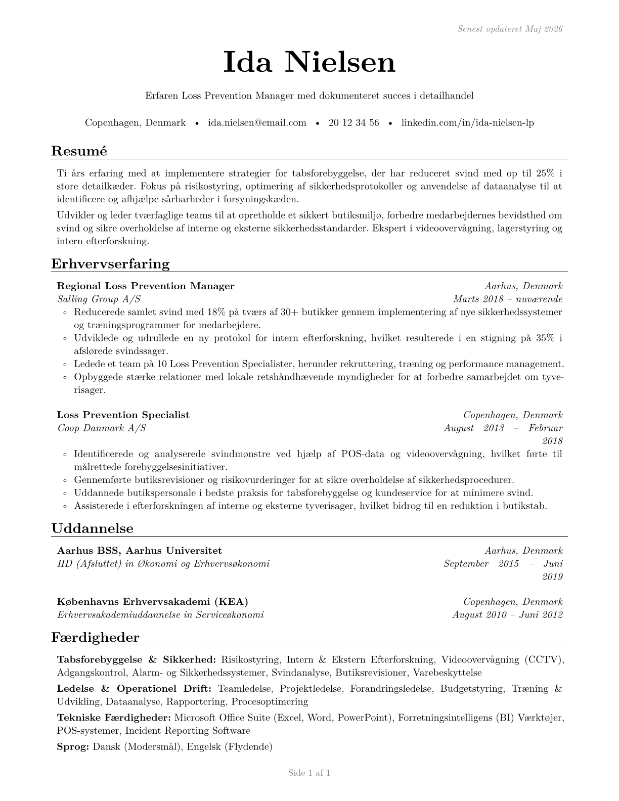 Loss Prevention Managers CV in Danish — page 1