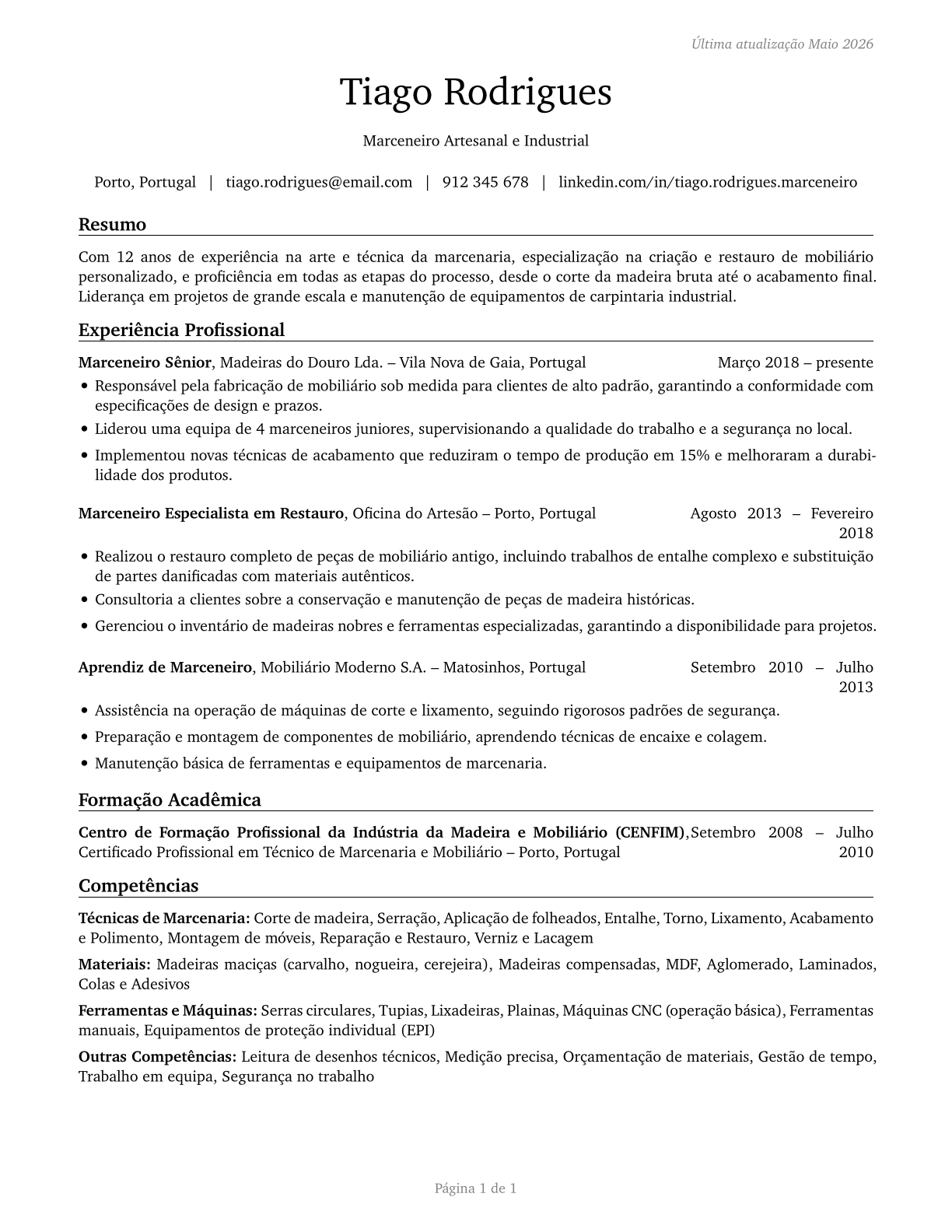 Woodworkers, All Other CV in Portuguese — page 1