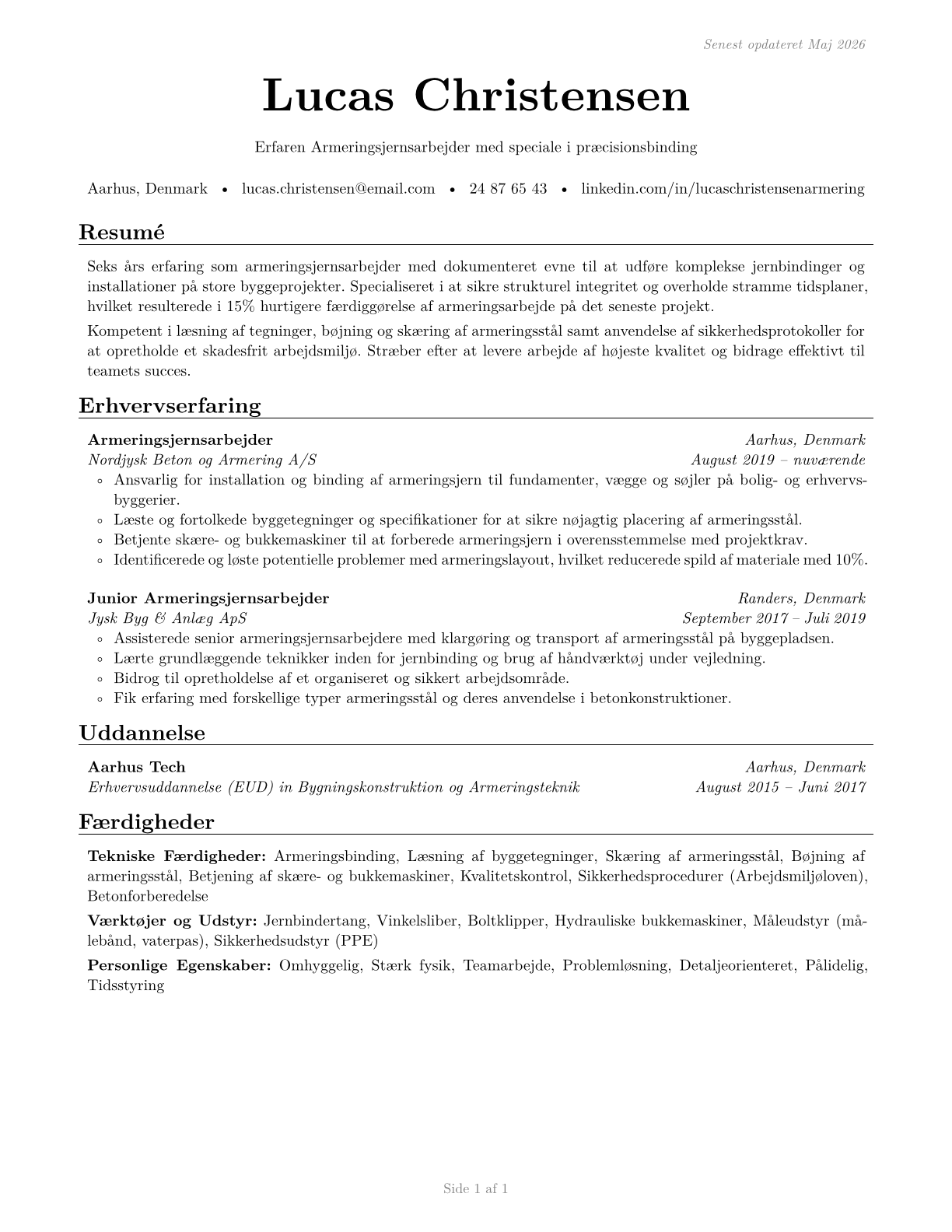 Reinforcing Iron and Rebar Workers CV in Danish — page 1