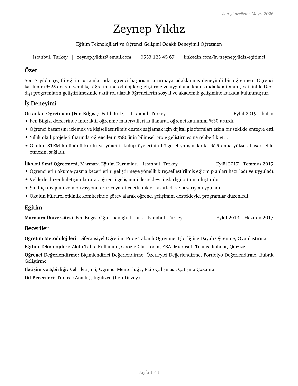 Teachers and Instructors, All Other CV in Turkish — page 1