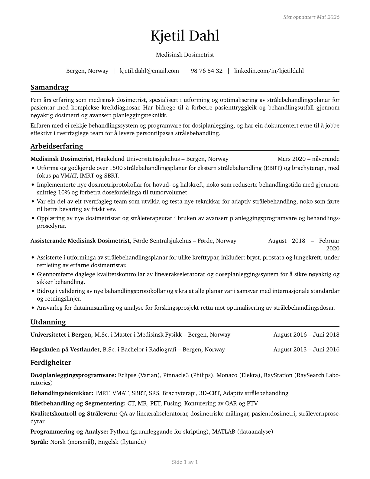 Medical Dosimetrists CV in Norwegian_nynorsk — page 1