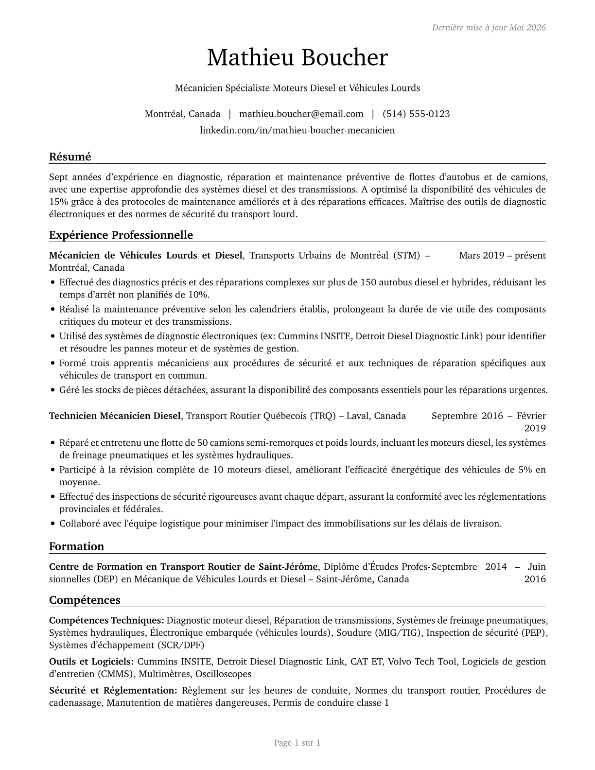 Bus and Truck Mechanics and Diesel Engine Specialists CV in French — page 1