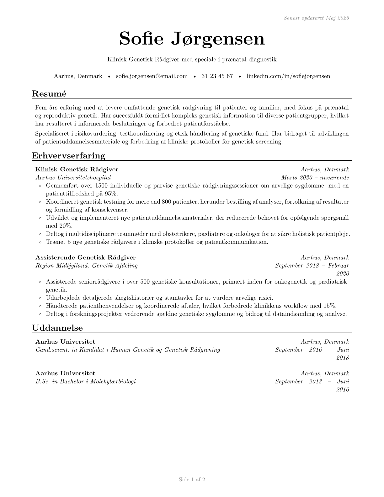 Genetic Counselors CV in Danish — page 1
