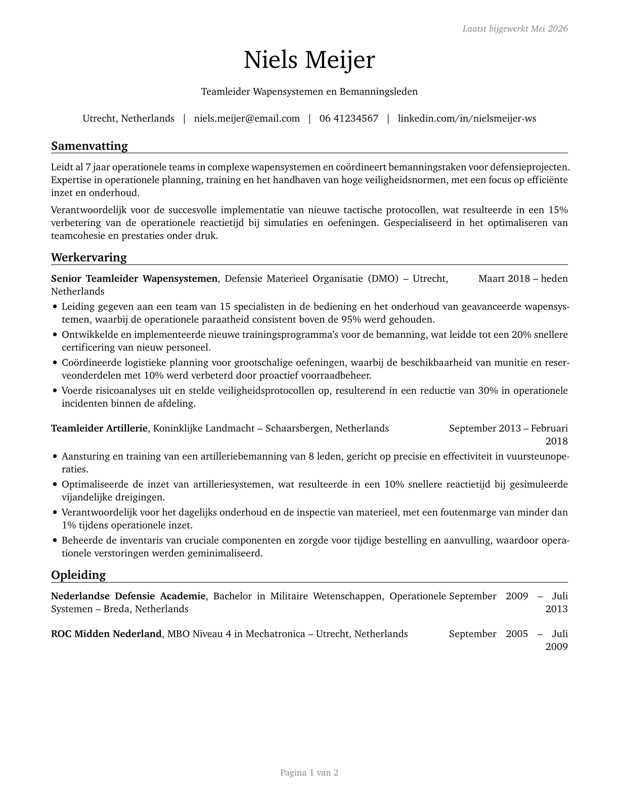 First-Line Supervisors of Weapons Specialists/Crew Members CV in Dutch — page 1