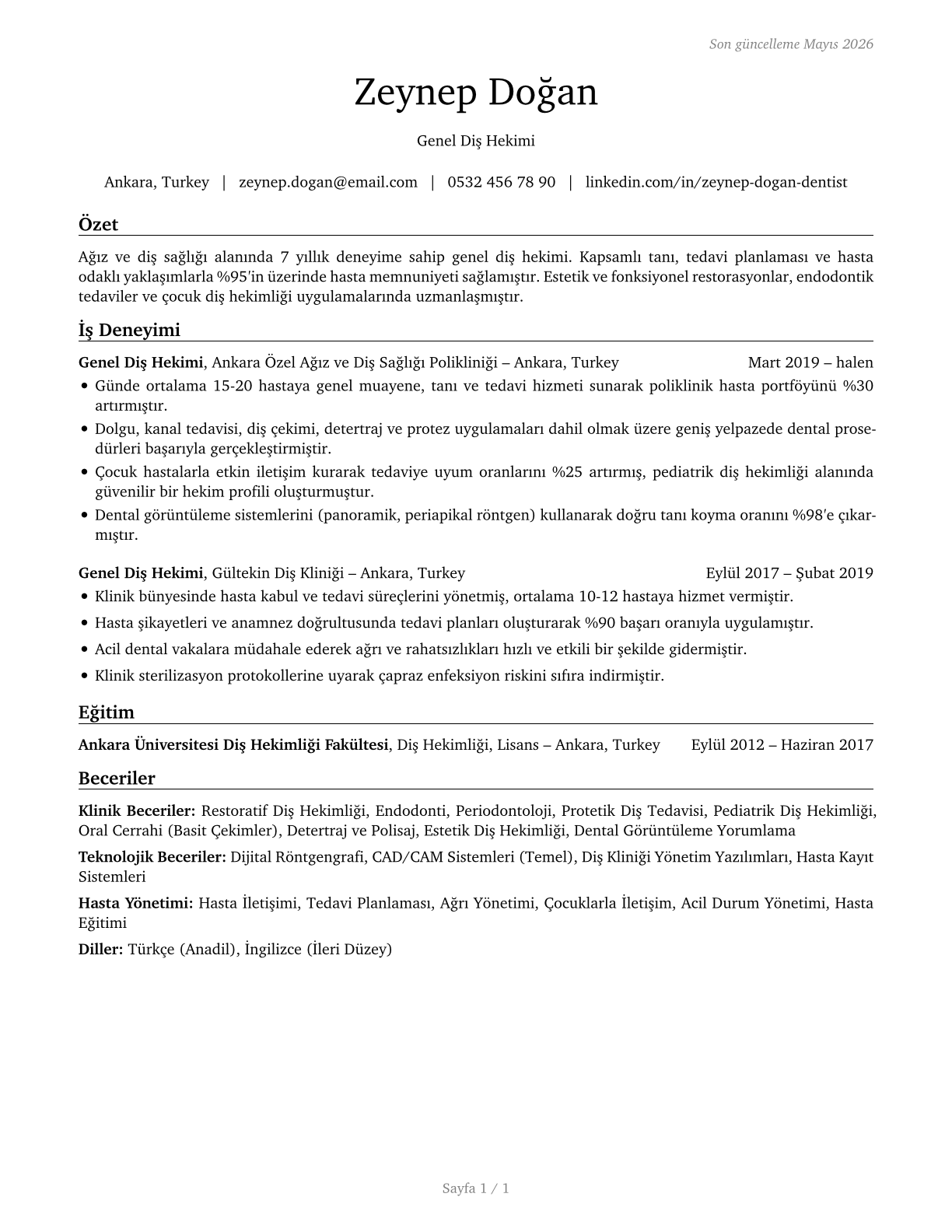 Dentists, General CV in Turkish — page 1
