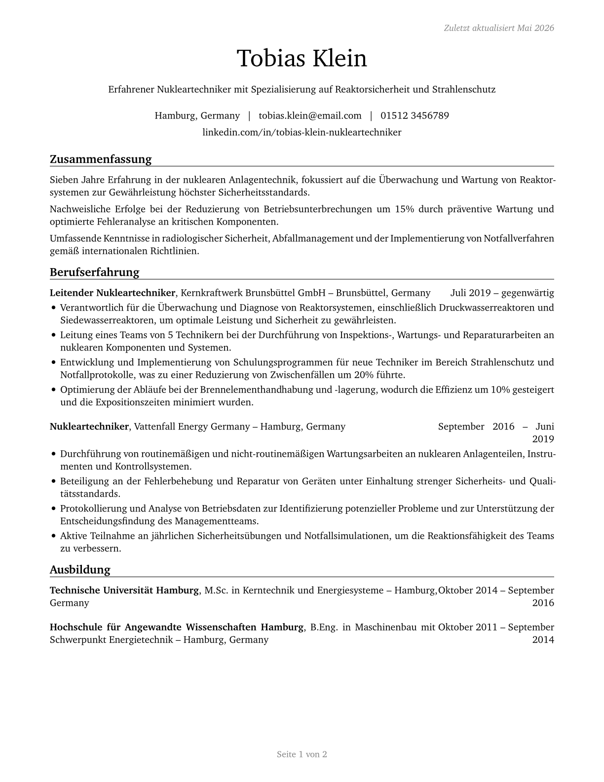 Nuclear Technicians CV in German — page 1