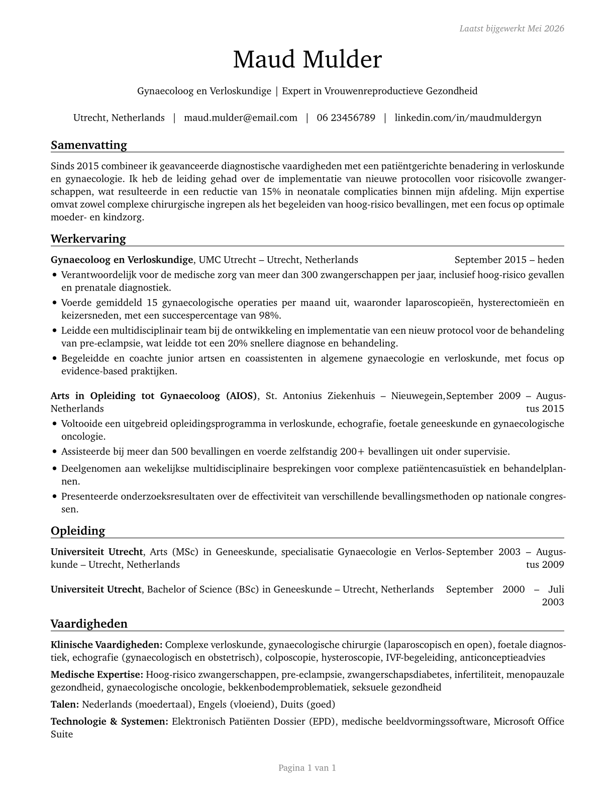 Obstetricians and Gynecologists CV in Dutch — page 1