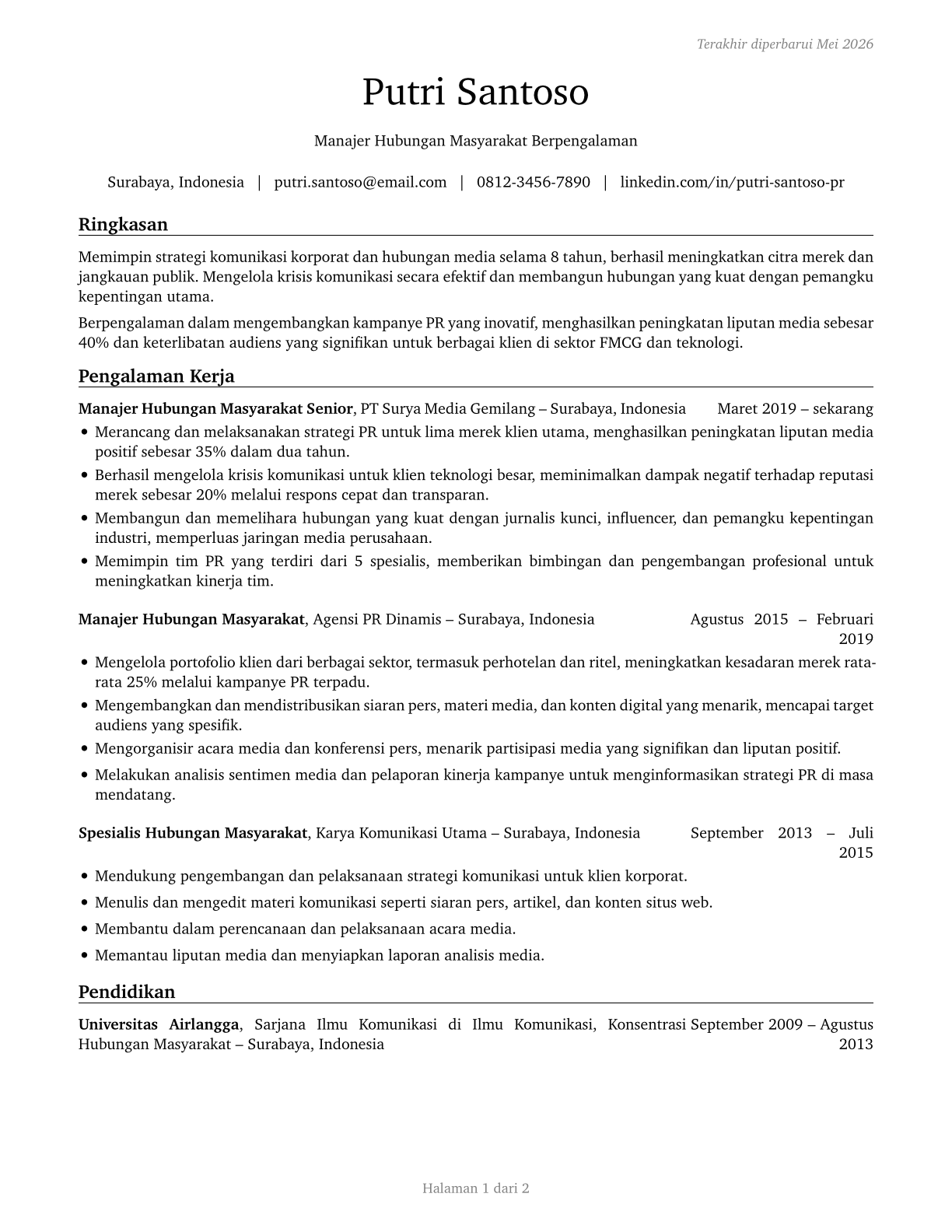 Public Relations Managers CV in Indonesian — page 1