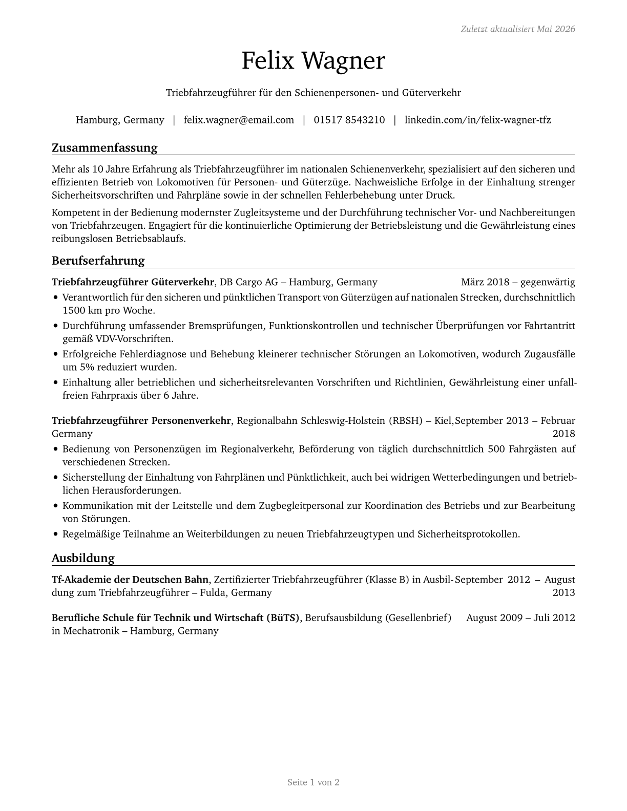 Locomotive Engineers CV in German — page 1