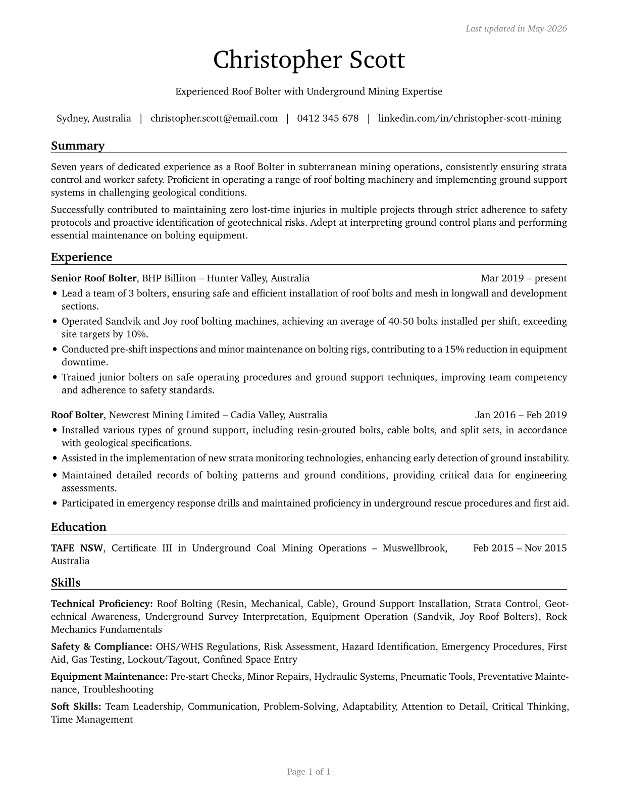 Roof Bolters, Mining CV in English — page 1