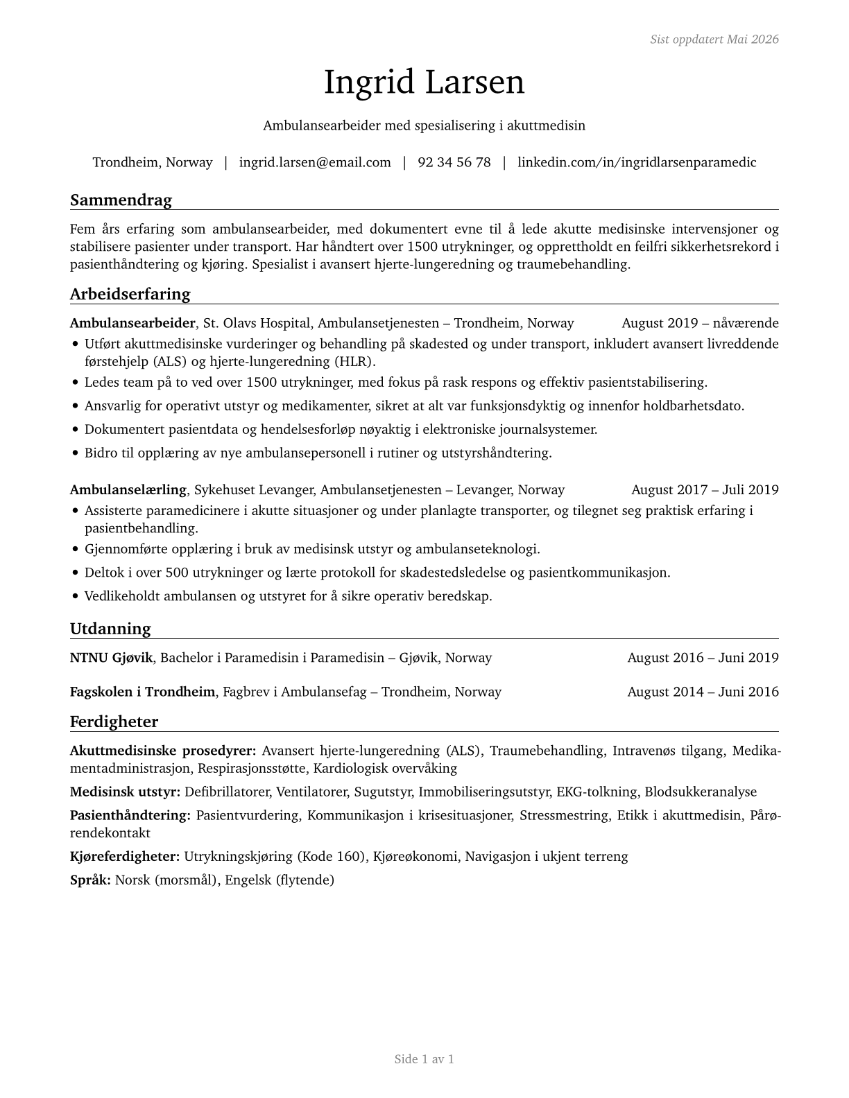 Paramedics CV in Norwegian_bokmal — page 1