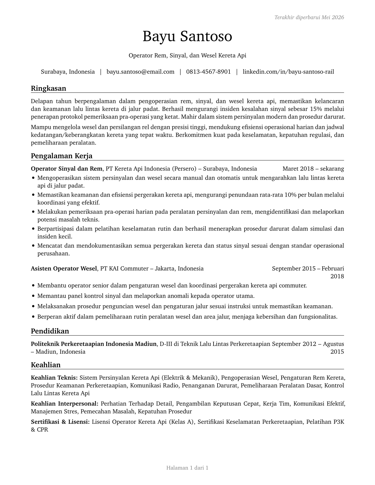 Railroad Brake, Signal, and Switch Operators and Locomotive Firers CV in Indonesian — page 1