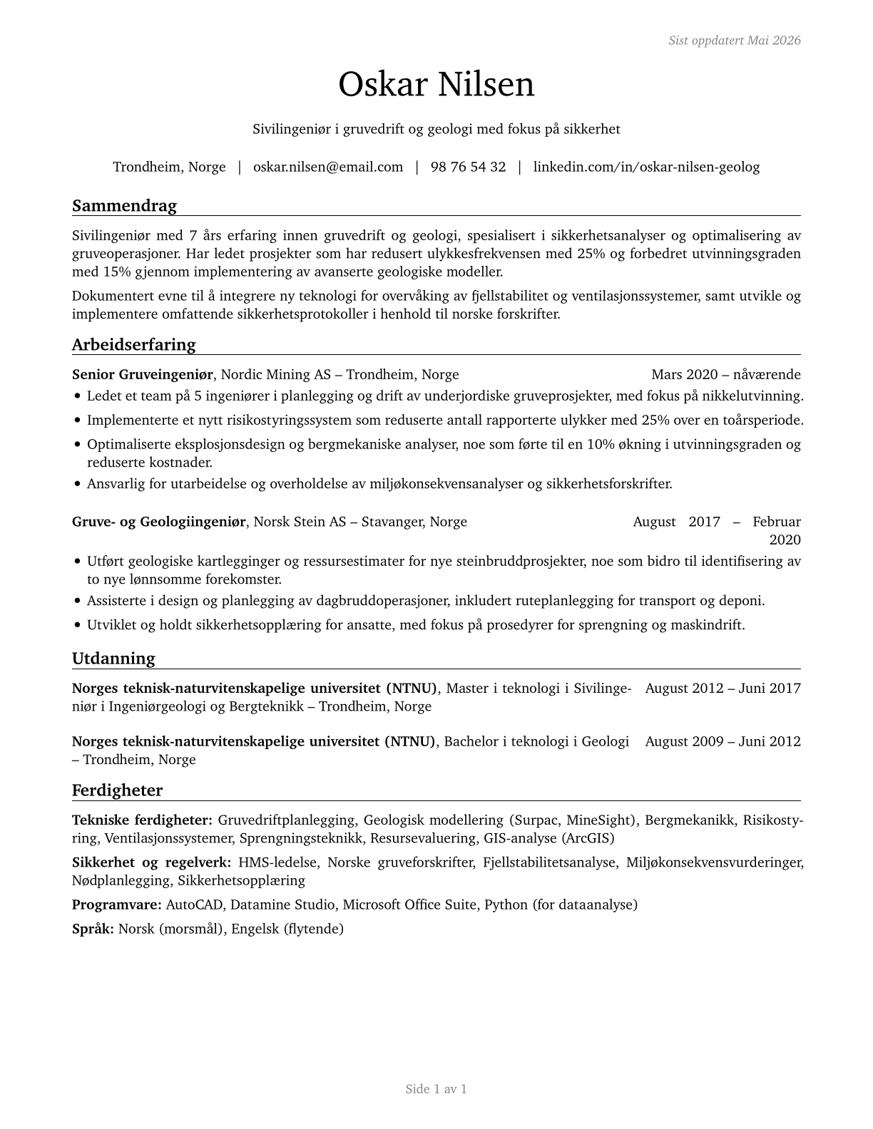 Mining and Geological Engineers, Including Mining Safety Engineers CV in Norwegian_bokmal — page 1