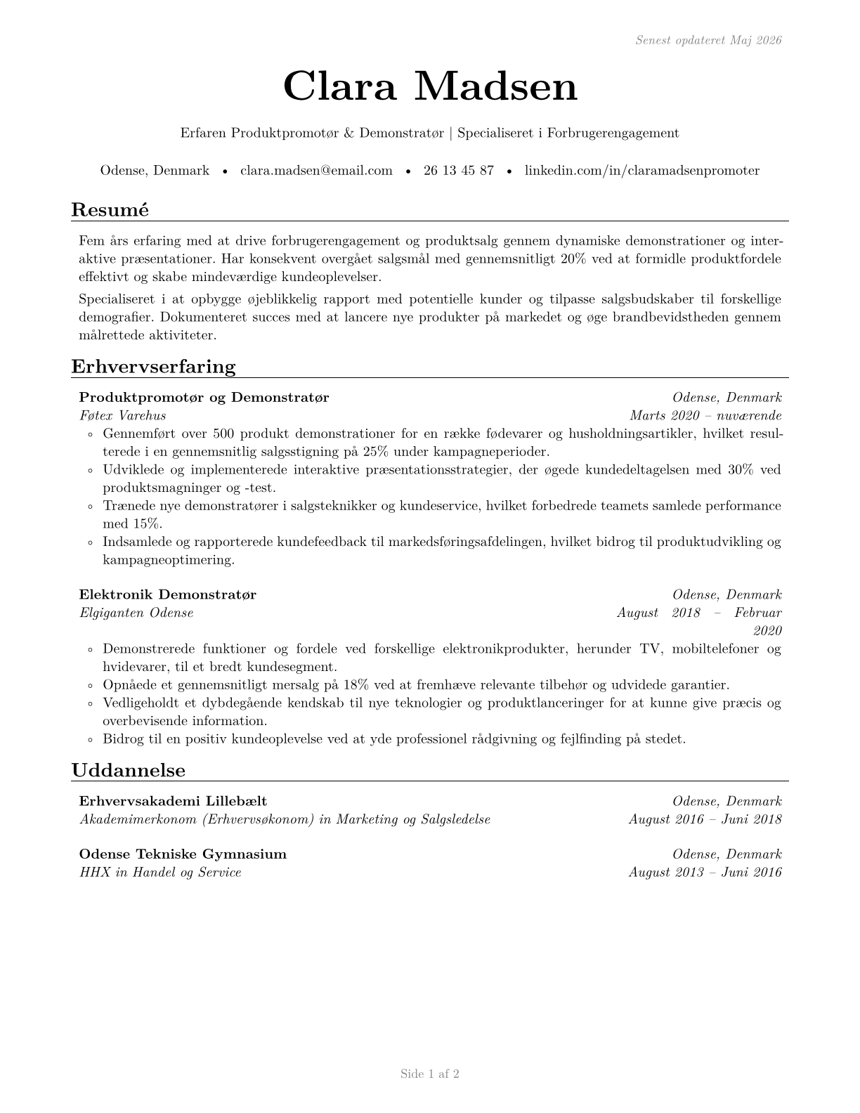 Demonstrators and Product Promoters CV in Danish — page 1