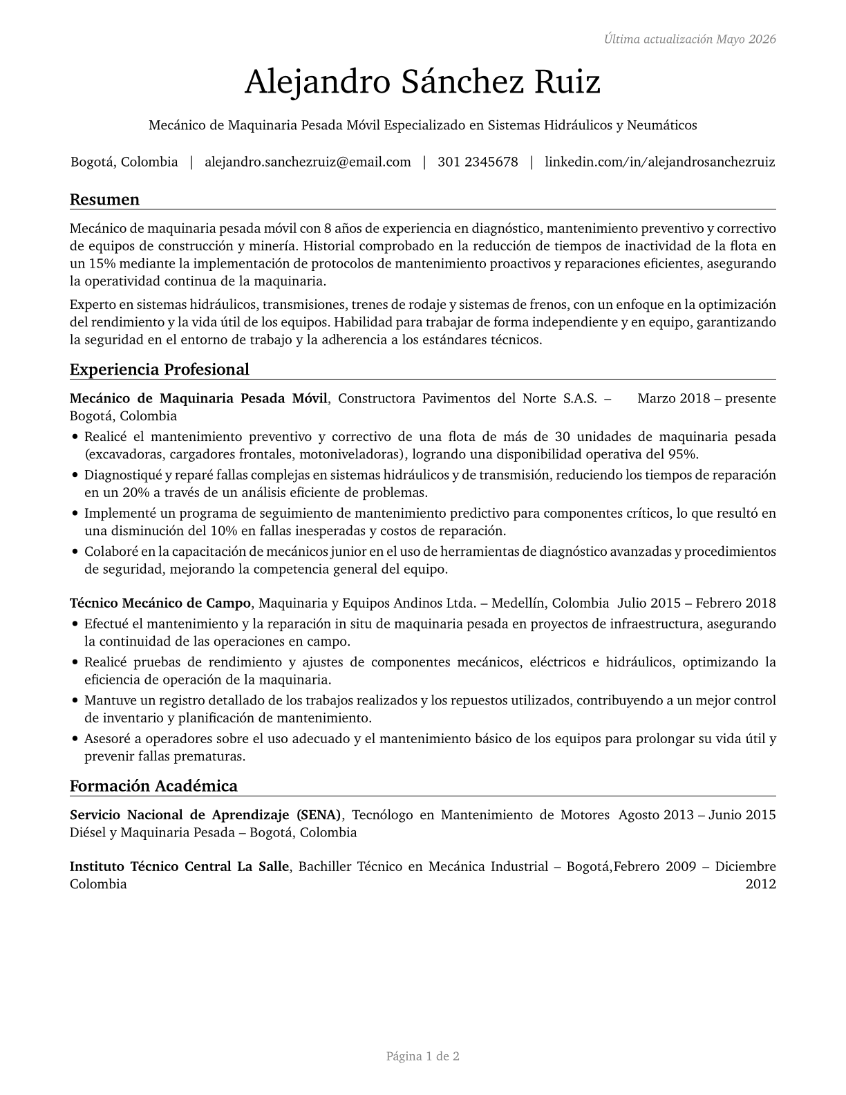Mobile Heavy Equipment Mechanics, Except Engines CV in Spanish — page 1