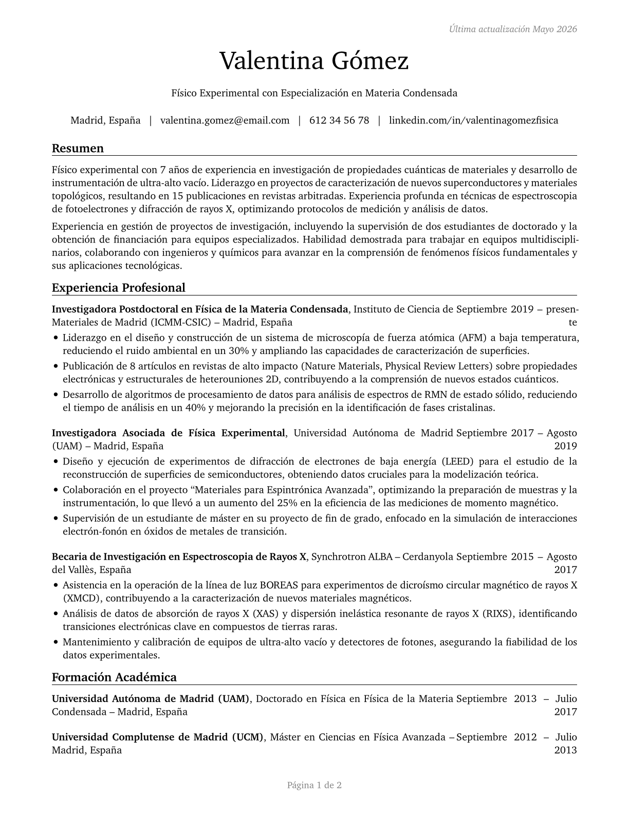 Physicists CV in Spanish — page 1
