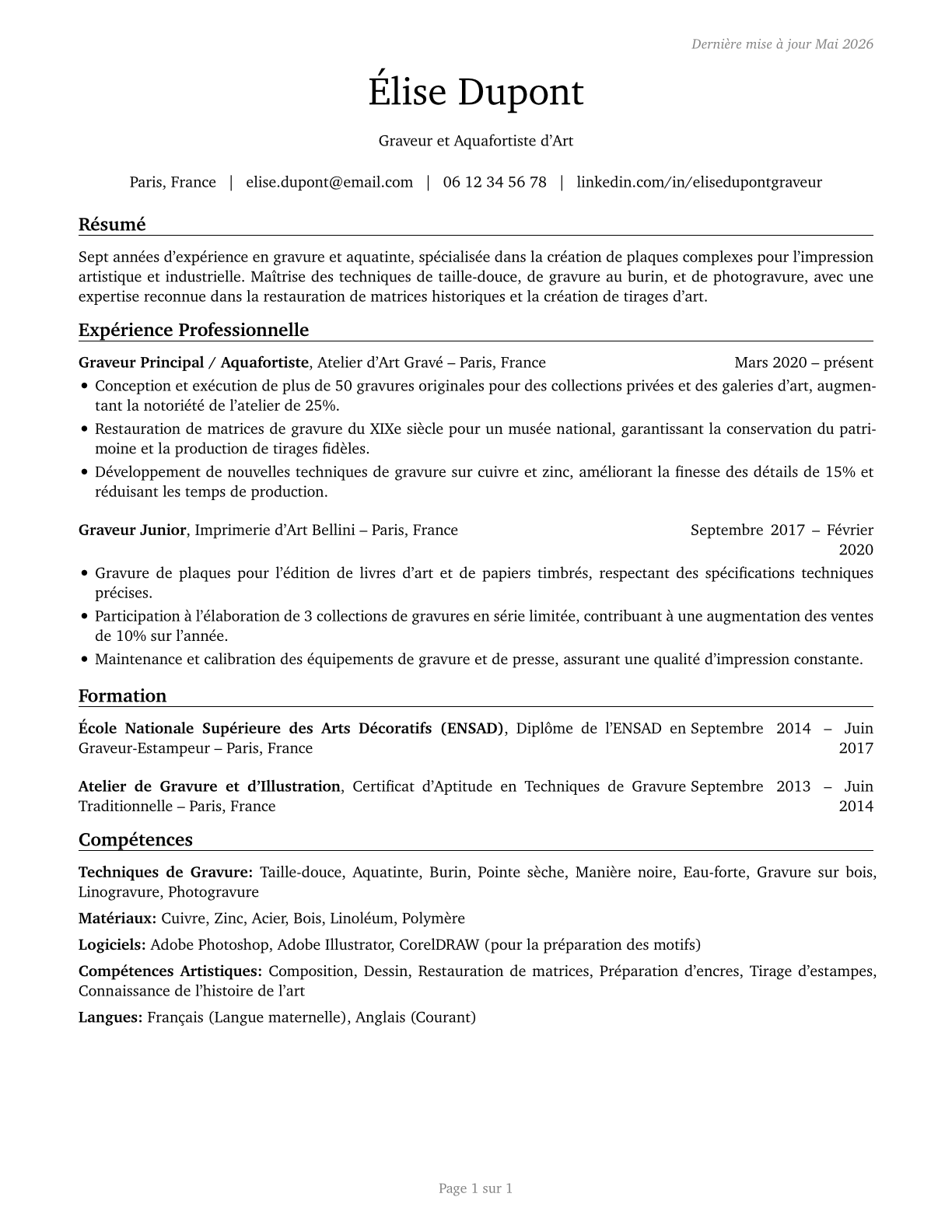 Etchers and Engravers CV in French — page 1