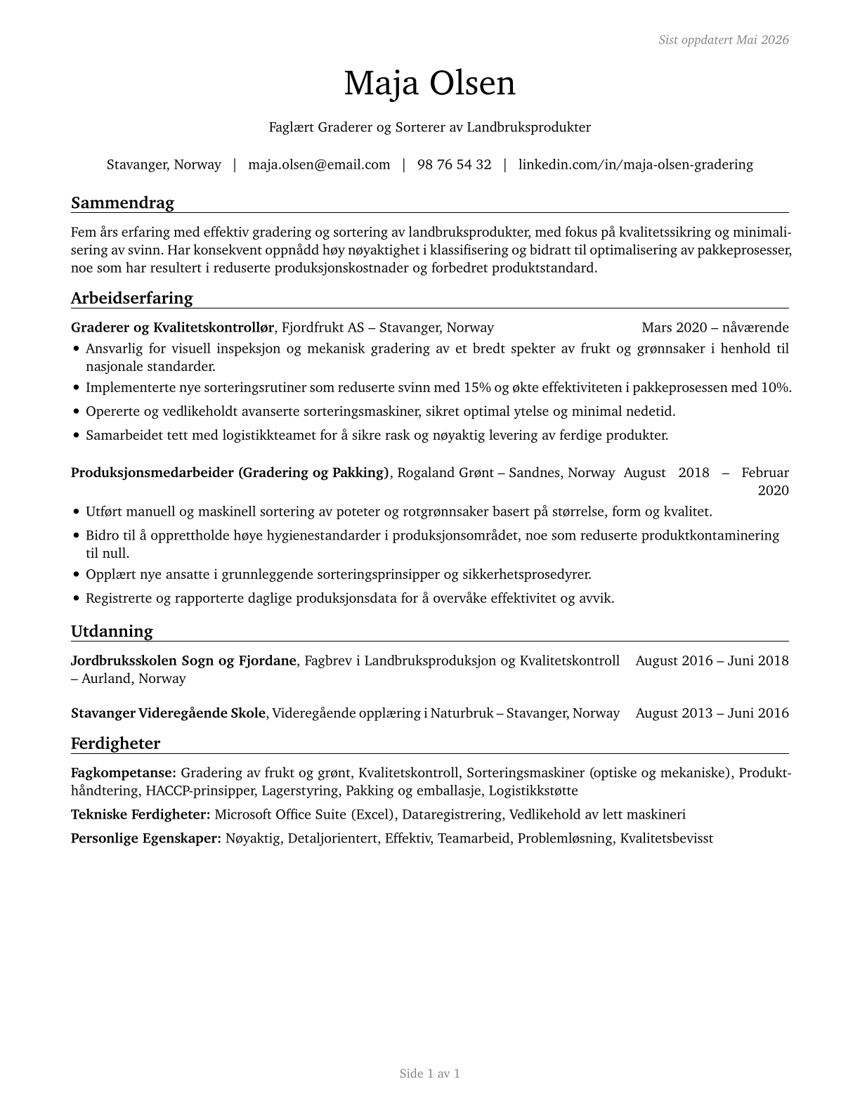 Graders and Sorters, Agricultural Products CV in Norwegian_bokmal — page 1