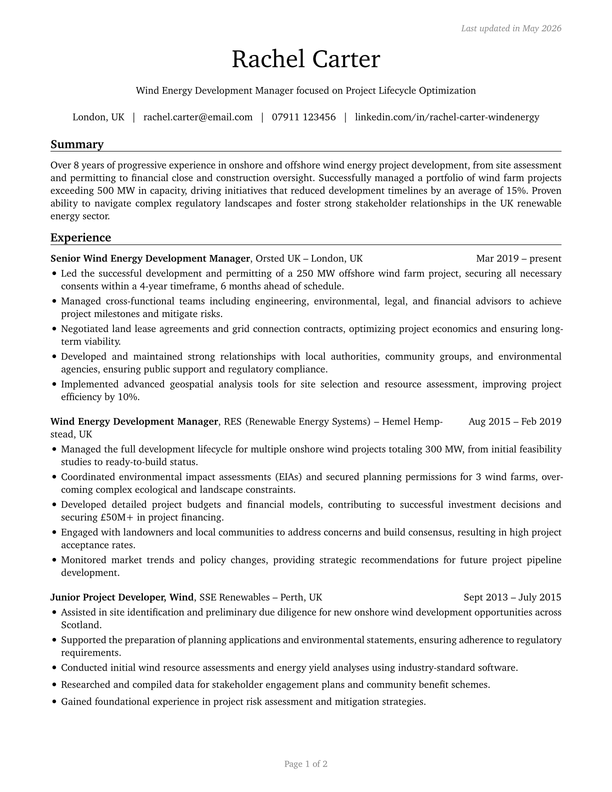 Wind Energy Development Managers CV in English — page 1