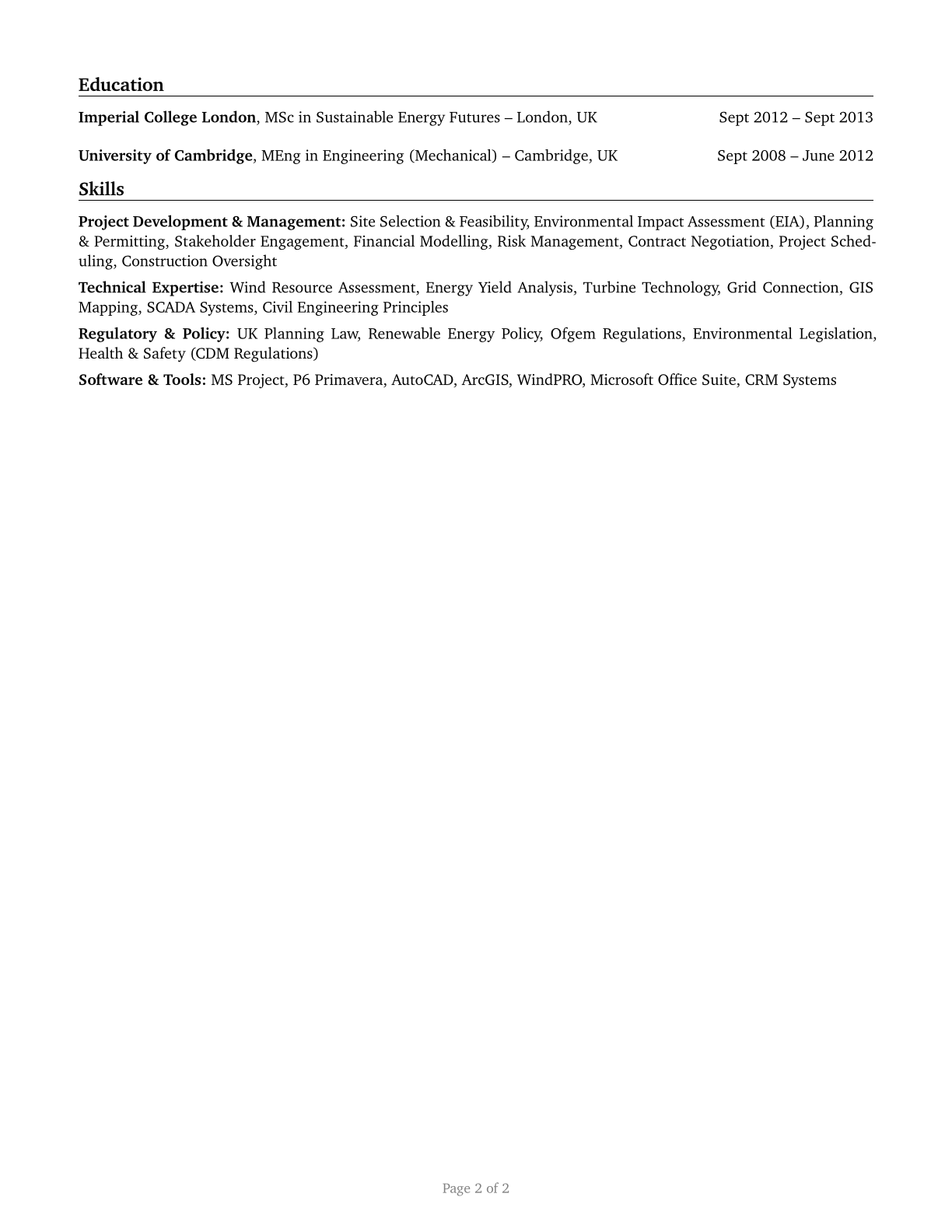 Wind Energy Development Managers CV in English — page 2