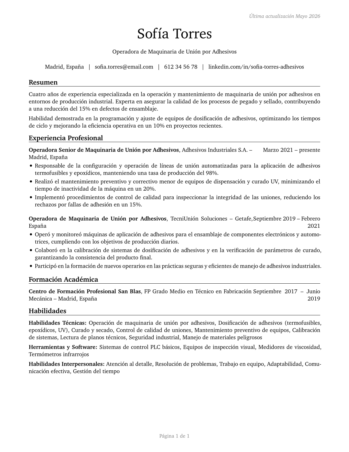 Adhesive Bonding Machine Operators and Tenders CV in Spanish — page 1