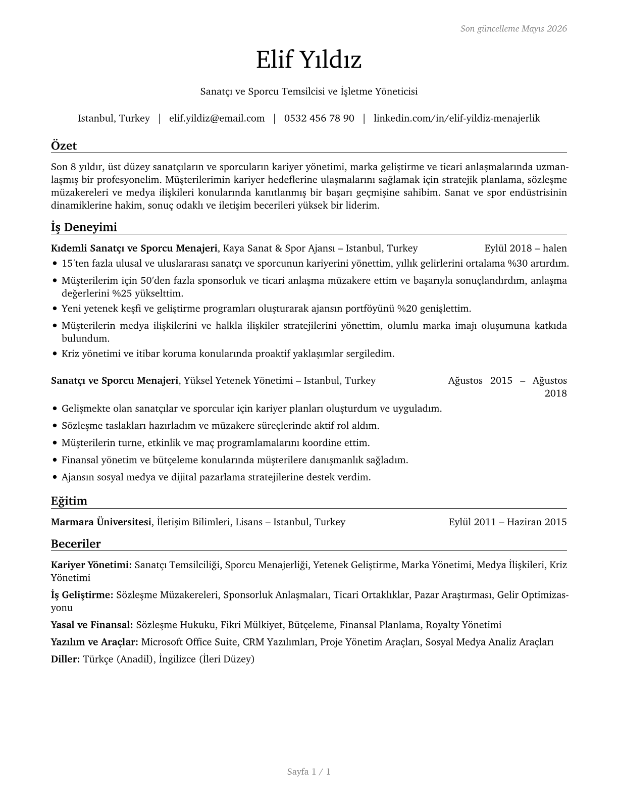 Agents and Business Managers of Artists, Performers, and Athletes CV in Turkish — page 1