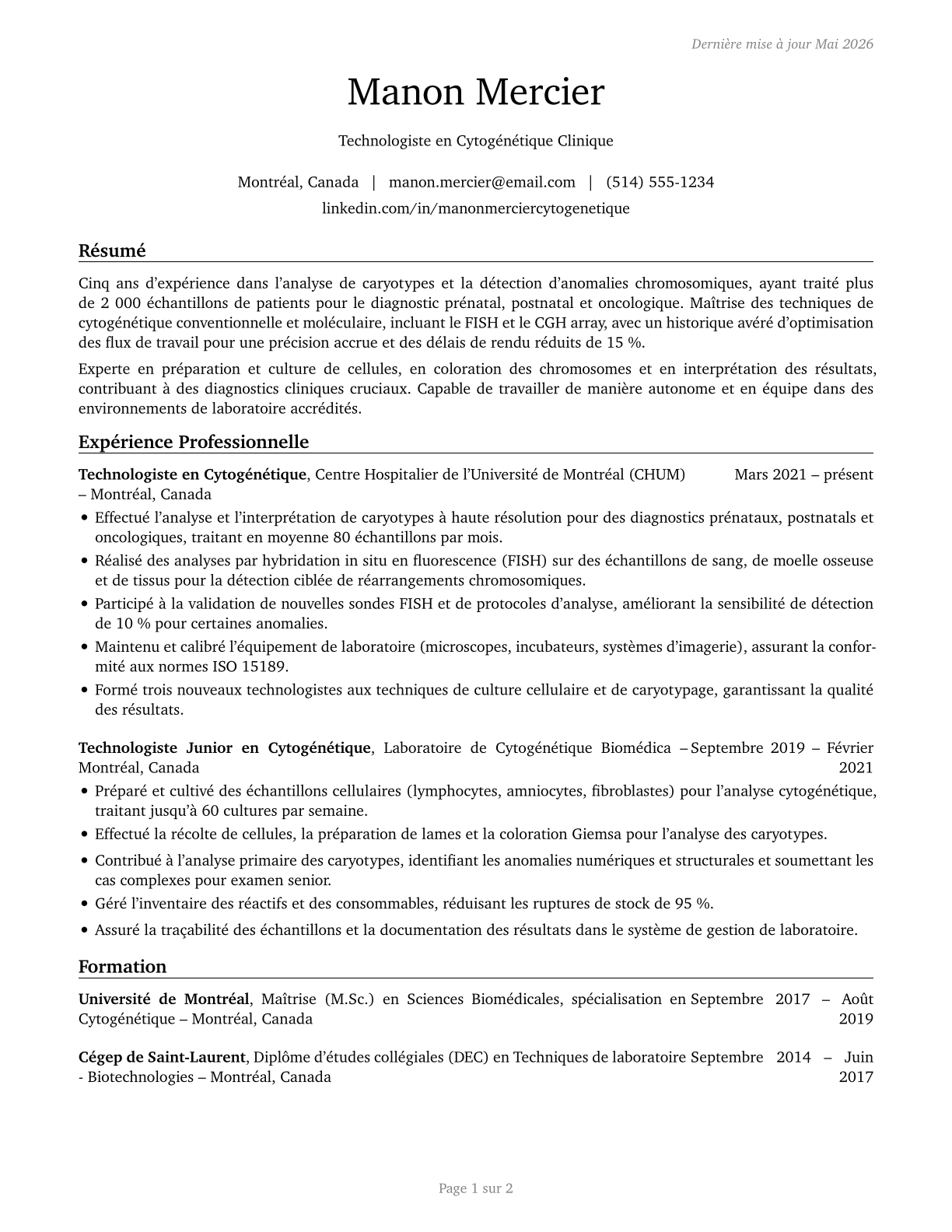 Cytogenetic Technologists CV in French — page 1