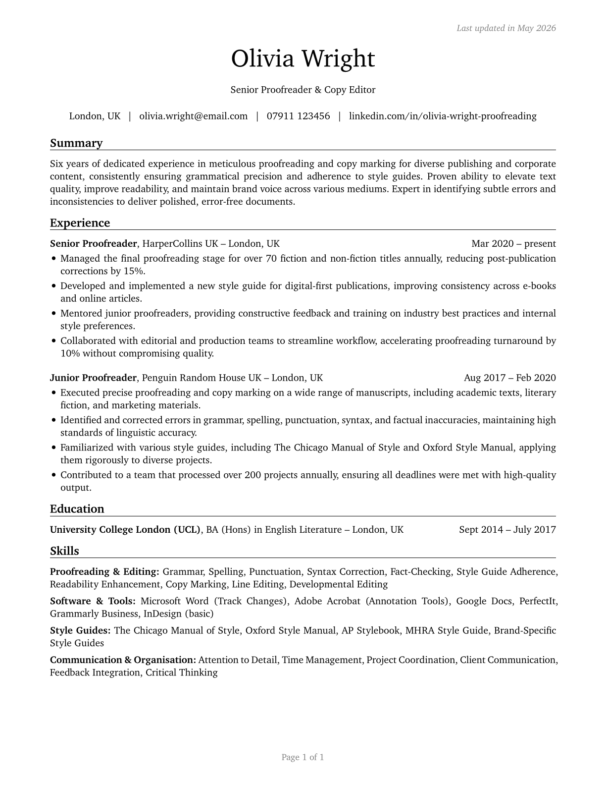 Proofreaders and Copy Markers CV in English — page 1