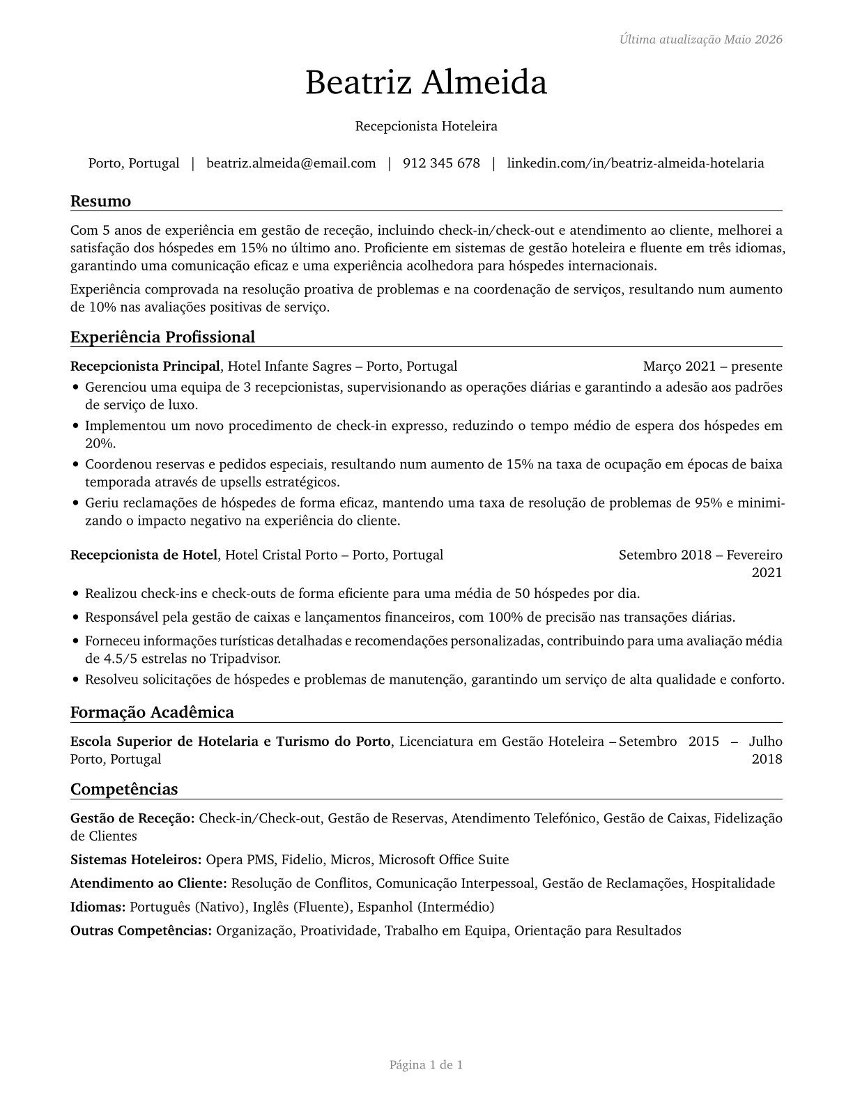 Hotel, Motel, and Resort Desk Clerks CV in Portuguese — page 1