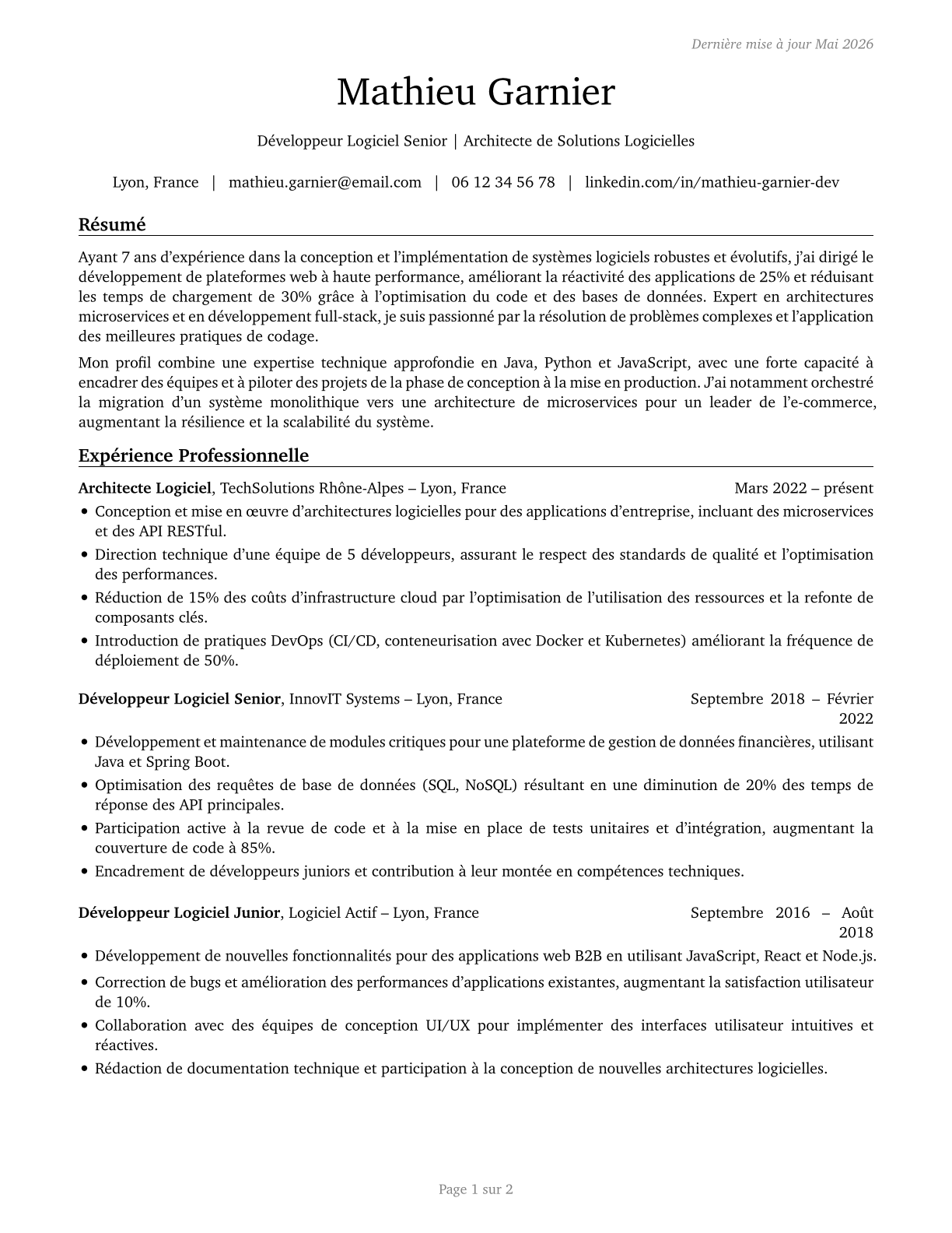 Computer Programmers CV in French — page 1