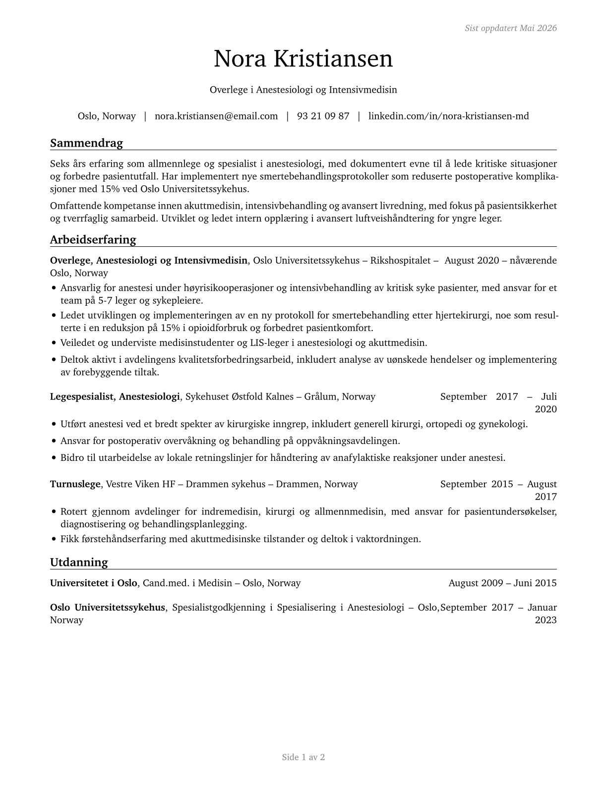 Physicians, All Other CV in Norwegian_bokmal — page 1