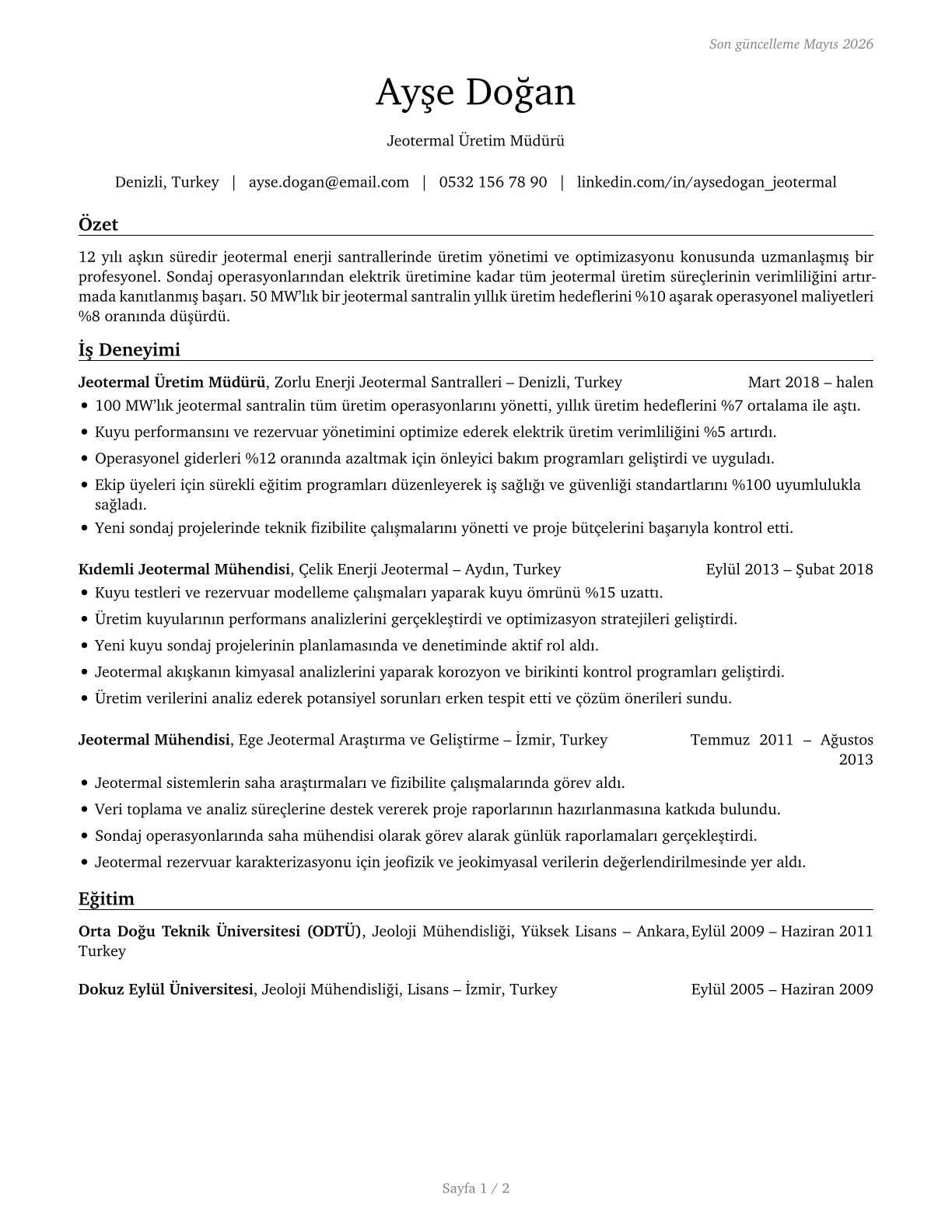 Geothermal Production Managers CV in Turkish — page 1