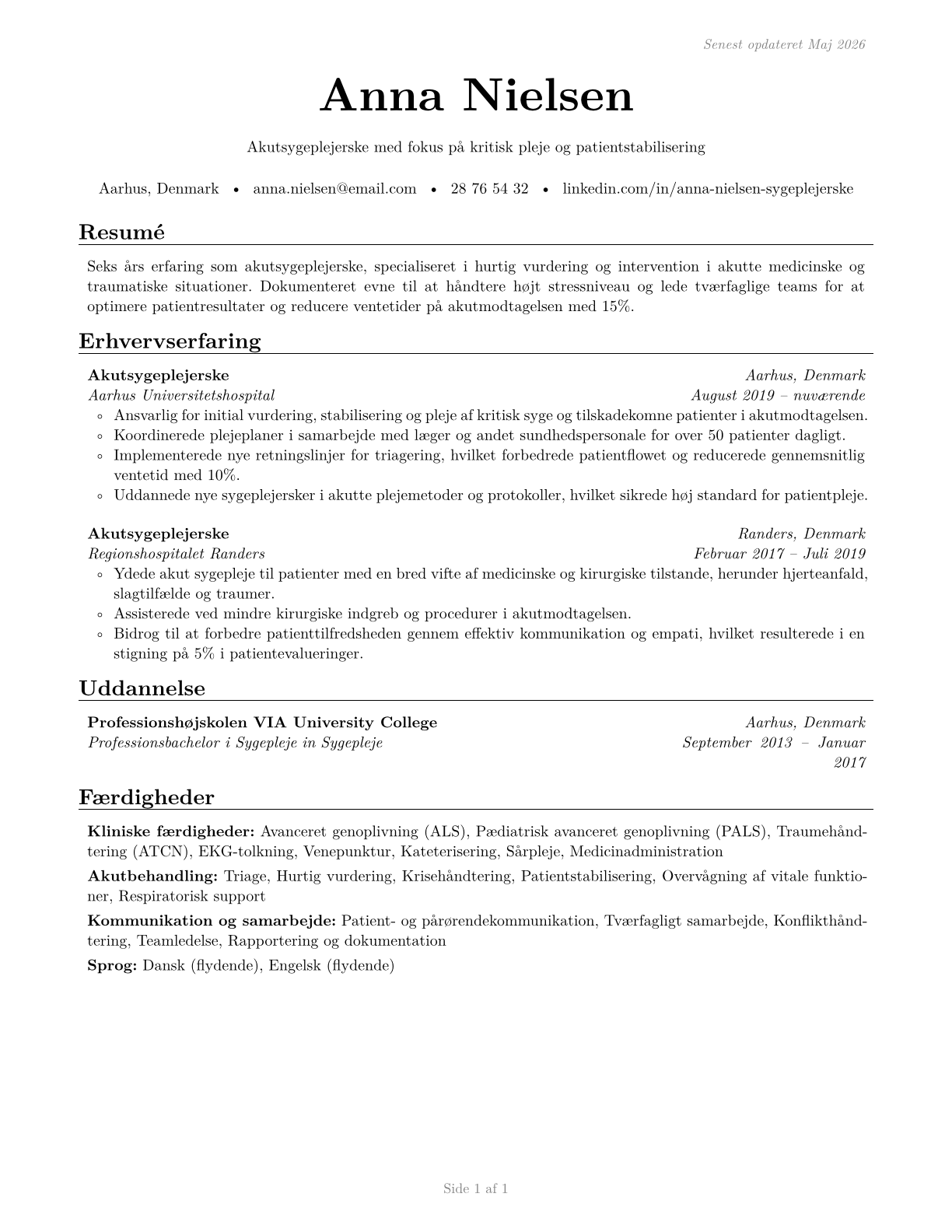 Acute Care Nurses CV in Danish — page 1